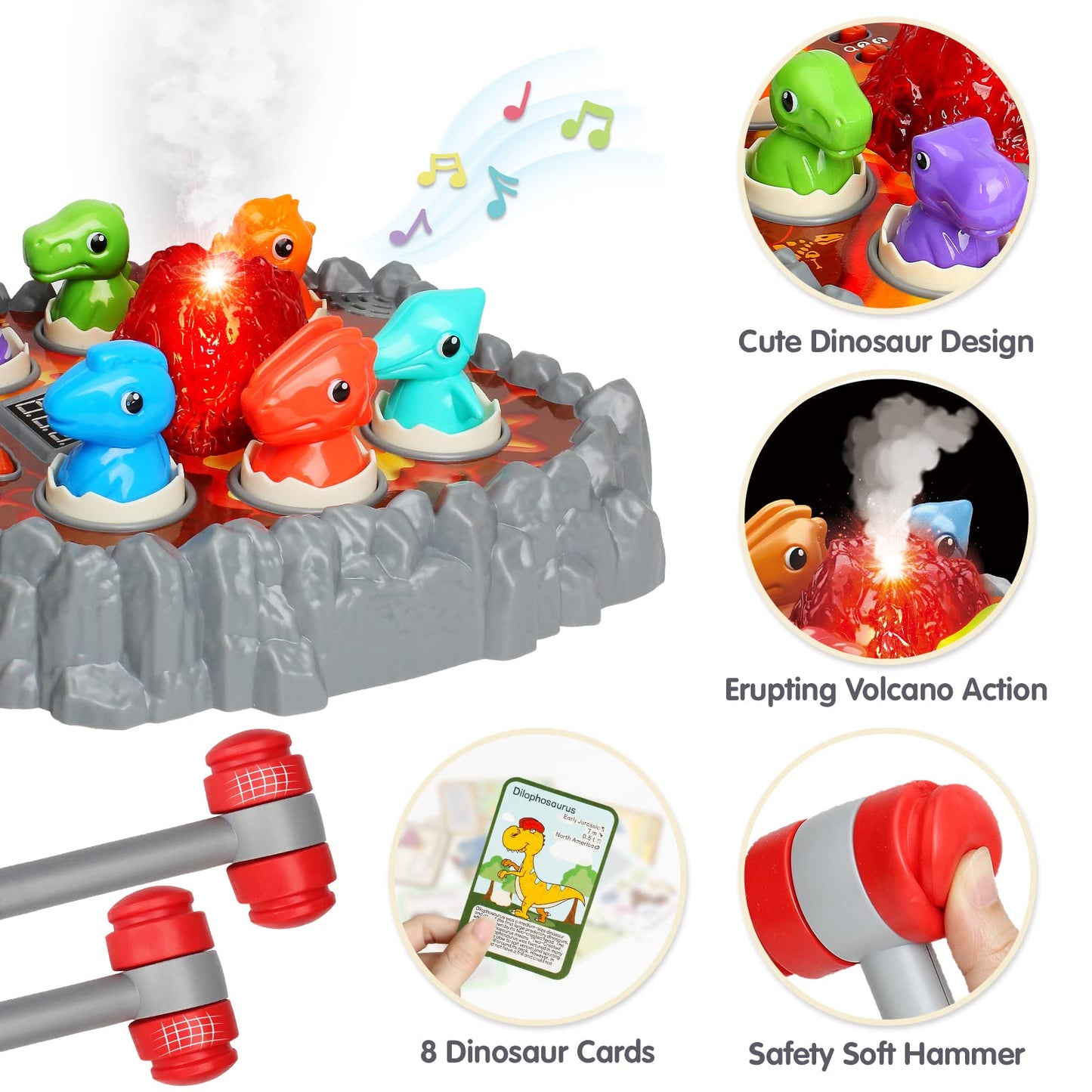 Yerloa Whack Game Dinosaur Toys for Kids 2-6 | Sensory Hammer Play with Volcano & Lights