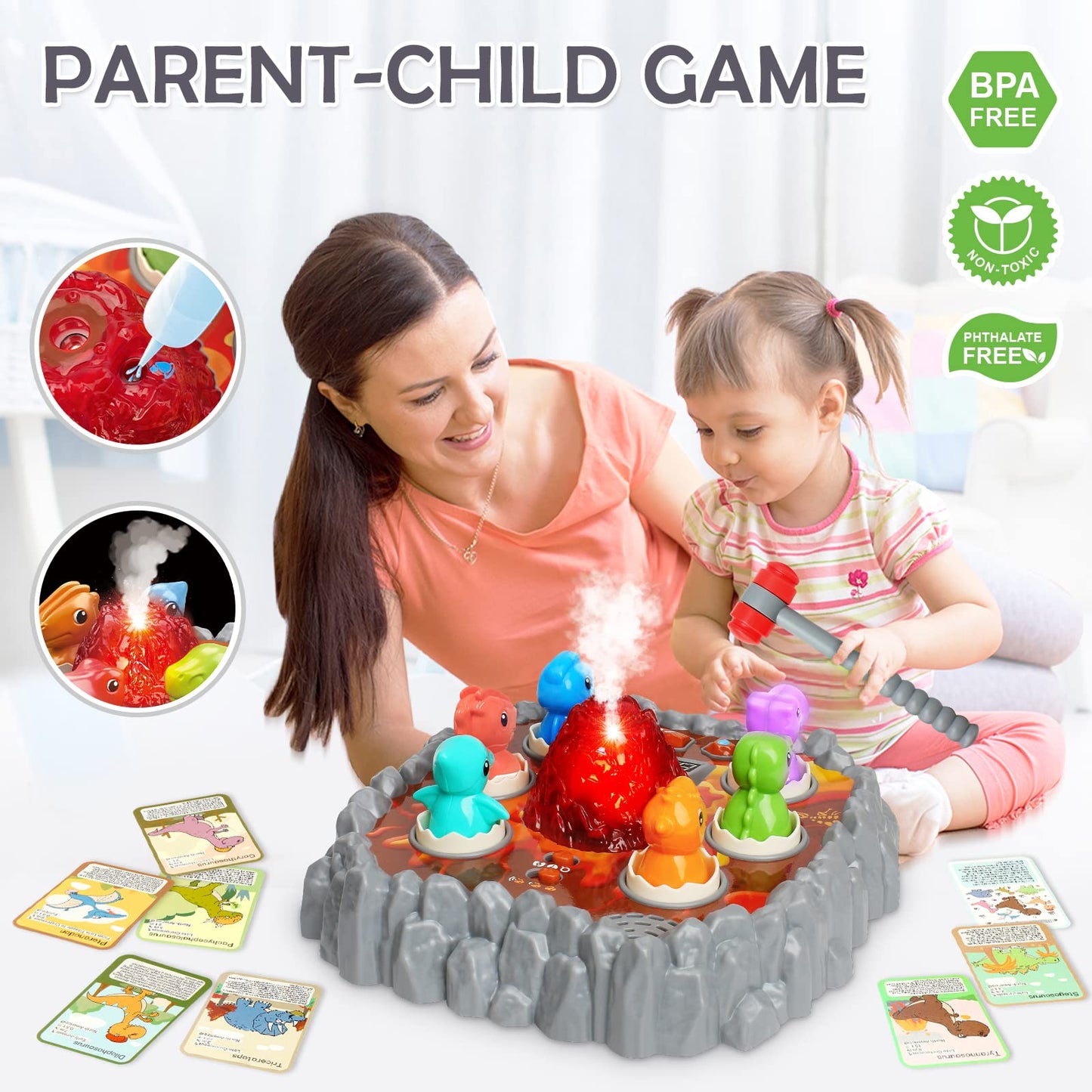 Yerloa Whack Game Dinosaur Toys for Kids 2-6 | Sensory Hammer Play with Volcano & Lights
