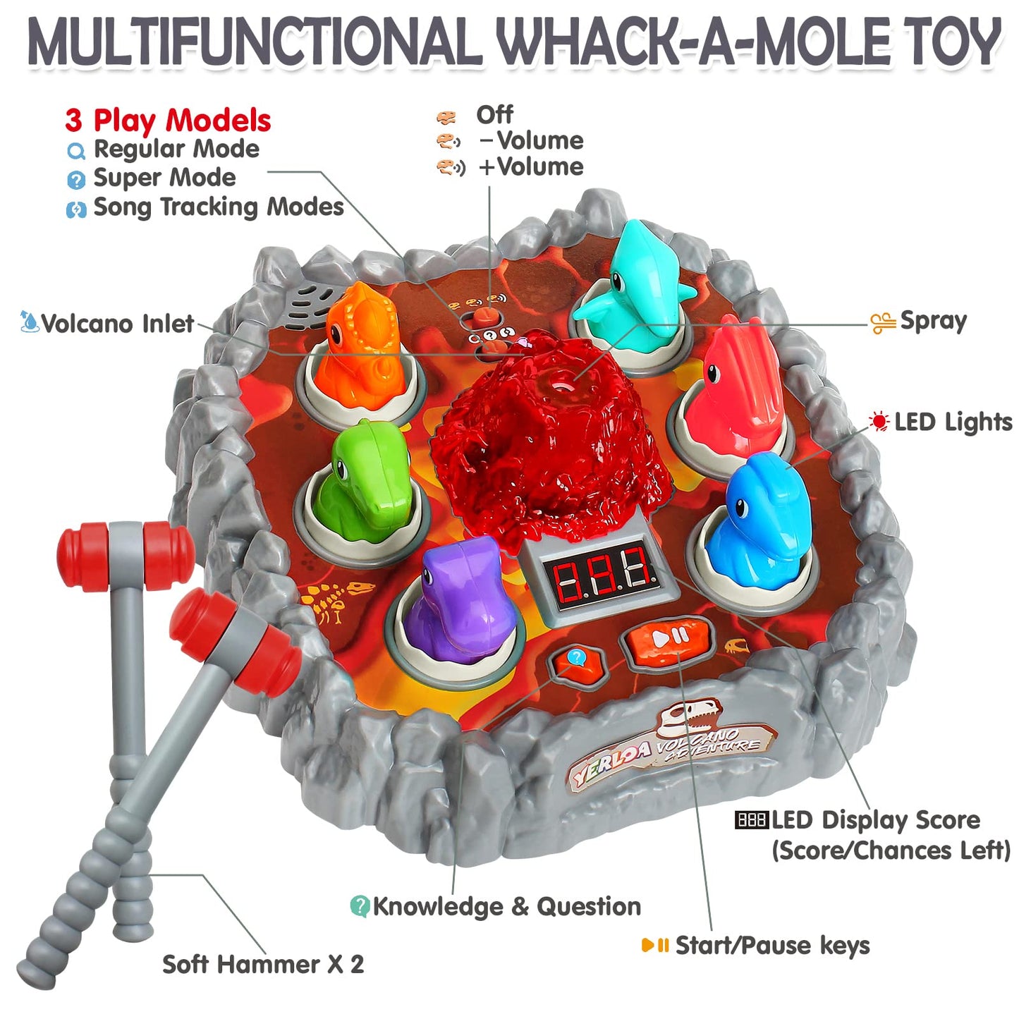 Yerloa Whack Game Dinosaur Toys for Kids 2-6 | Sensory Hammer Play with Volcano & Lights