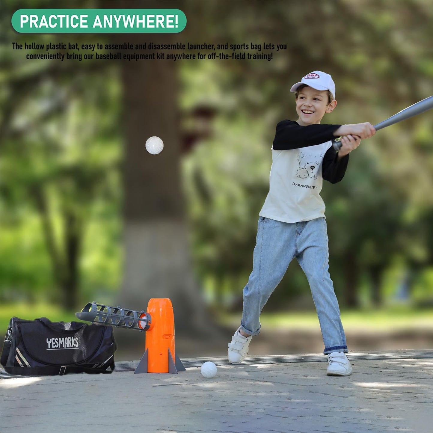 YESMARKS Kids Auto Pitching Machine – Outdoor Baseball Training Set with 10 Balls, Bat & Bag