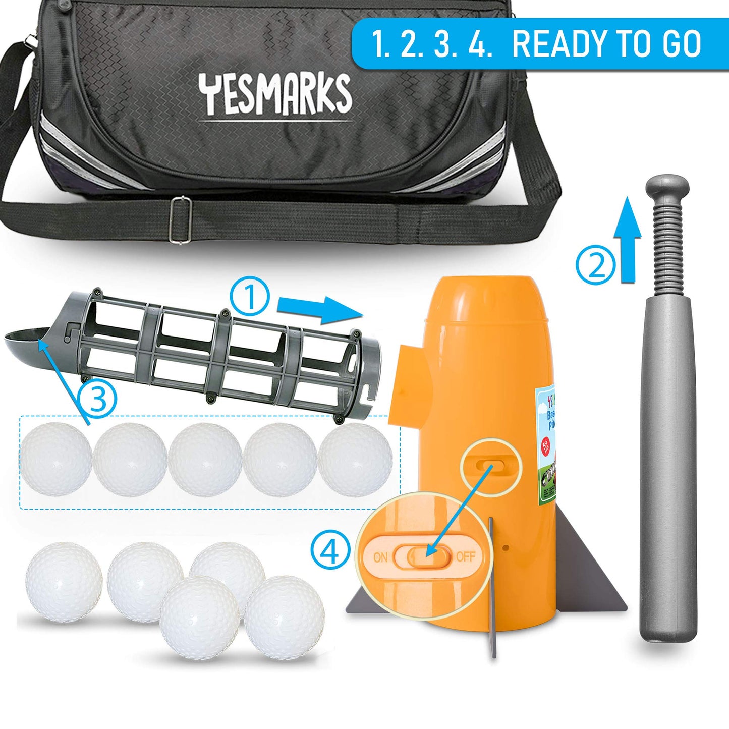 YESMARKS Kids Auto Pitching Machine – Outdoor Baseball Training Set with 10 Balls, Bat & Bag