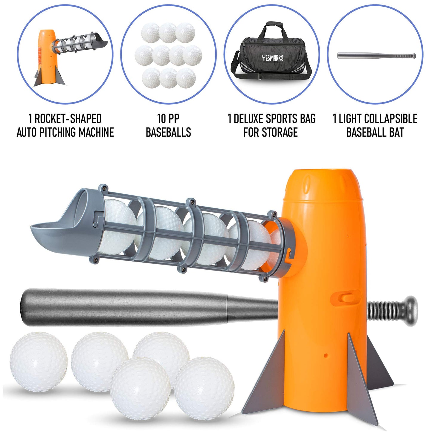 YESMARKS Kids Auto Pitching Machine – Outdoor Baseball Training Set with 10 Balls, Bat & Bag