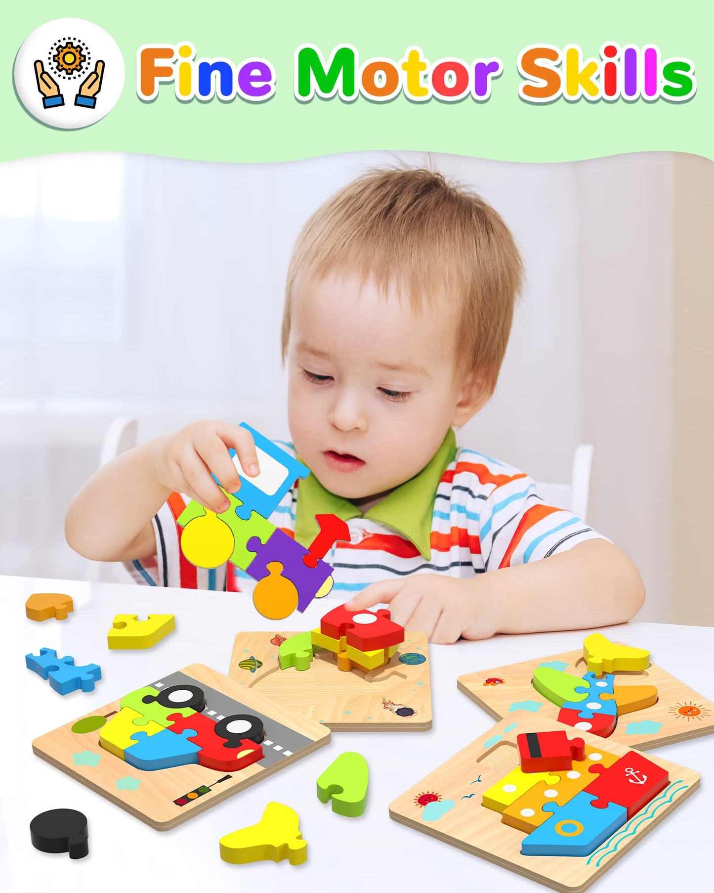 Yetonamr Wooden Toddler Puzzles – 6 Vehicle Shape Montessori Toys for Ages 1-3
