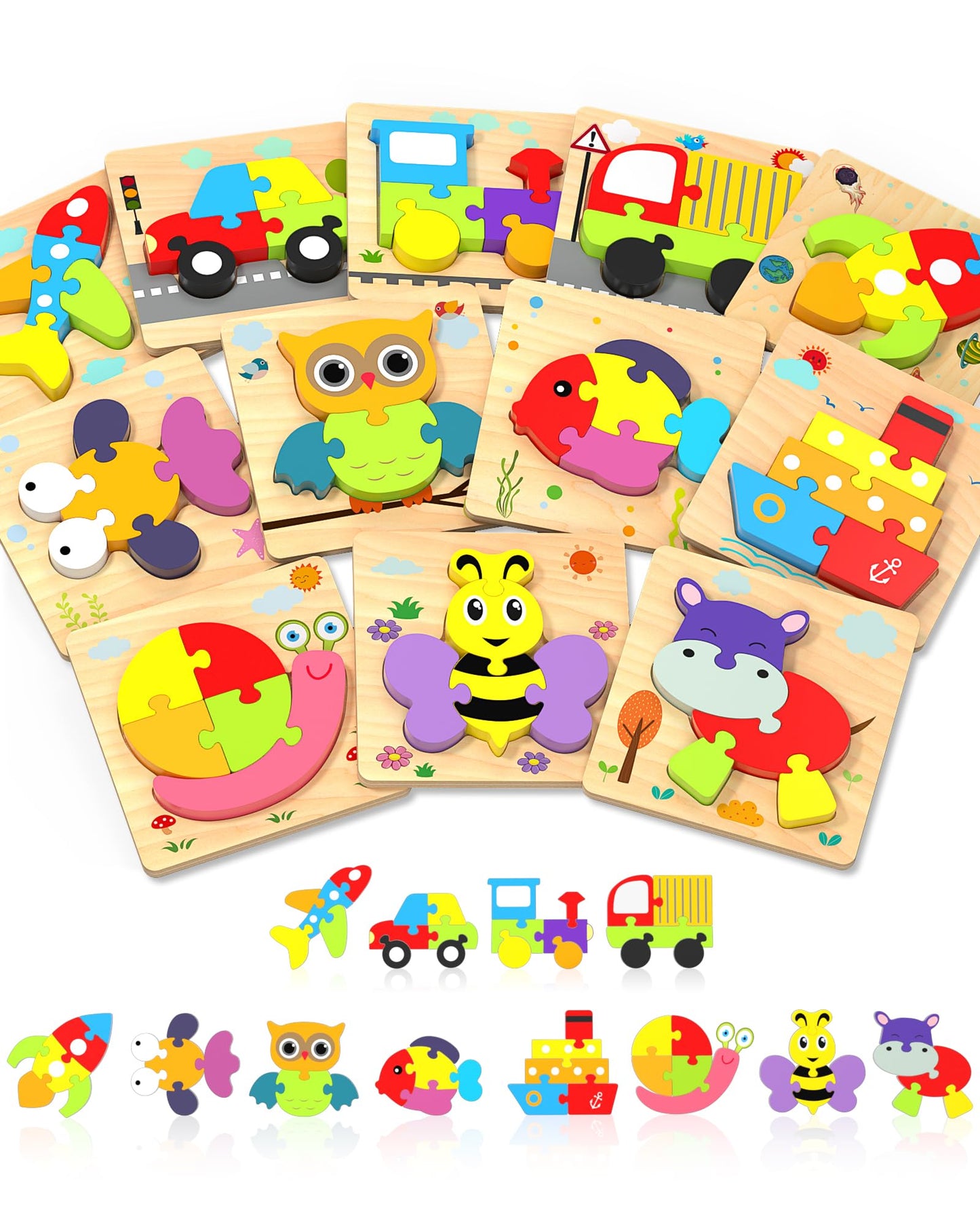 Yetonamr Wooden Toddler Puzzles – 12 Vehicle Shape Montessori Toys
