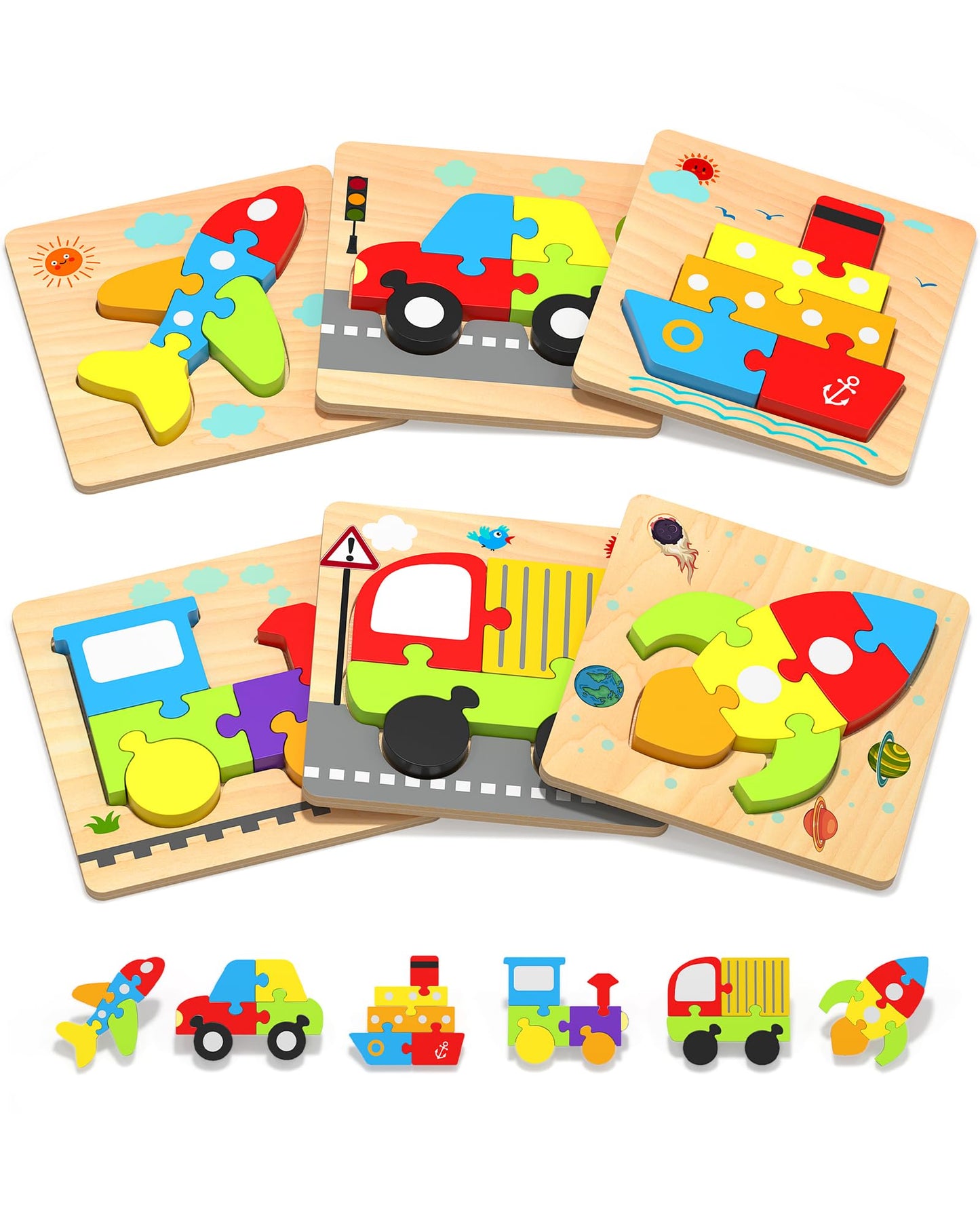 Yetonamr Wooden Toddler Puzzles – 6 Vehicle Shape Montessori Toys for Ages 1-3