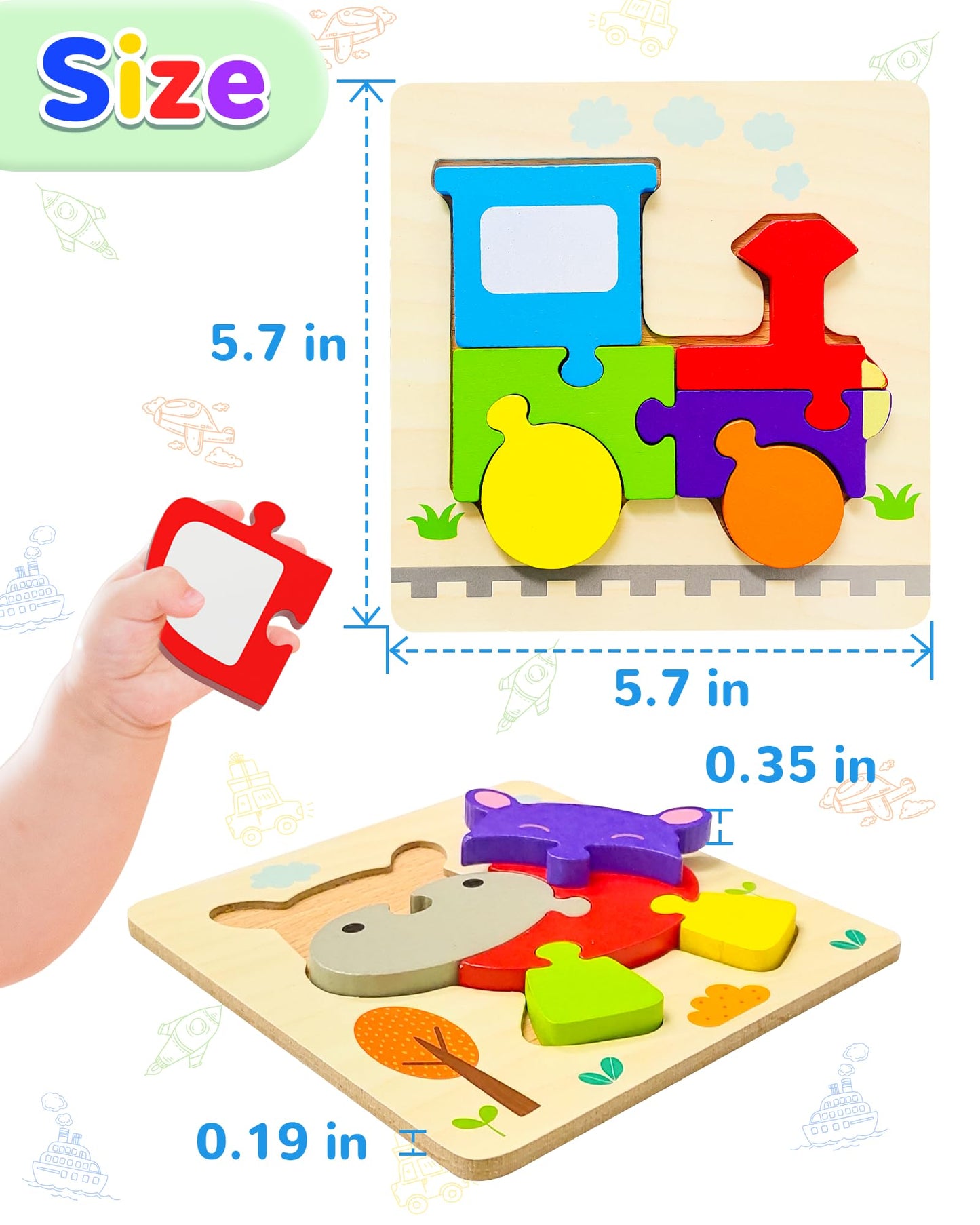 Yetonamr Wooden Toddler Puzzles – 12 Vehicle Shape Montessori Toys