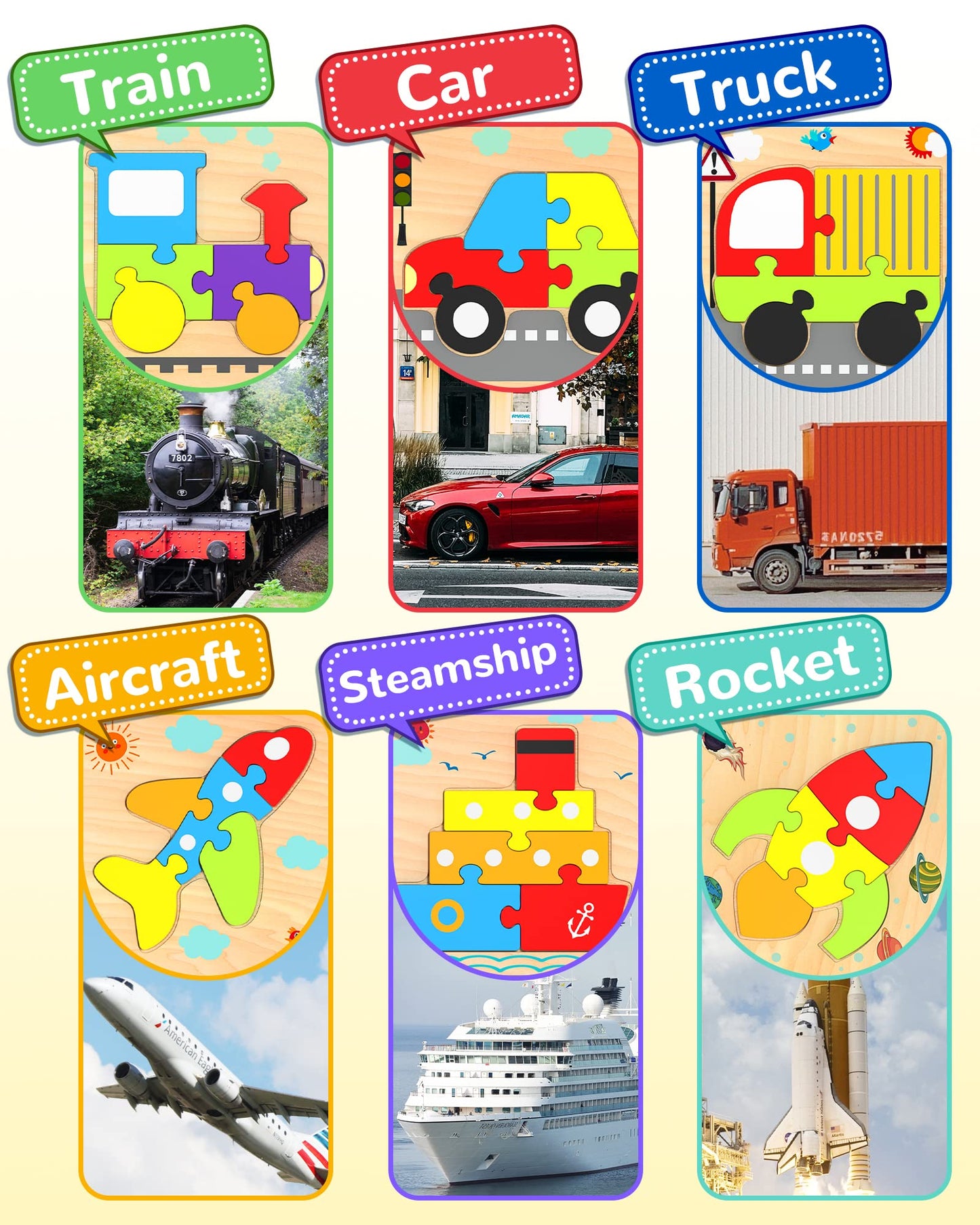 Yetonamr Wooden Toddler Puzzles – 6 Vehicle Shape Montessori Toys for Ages 1-3