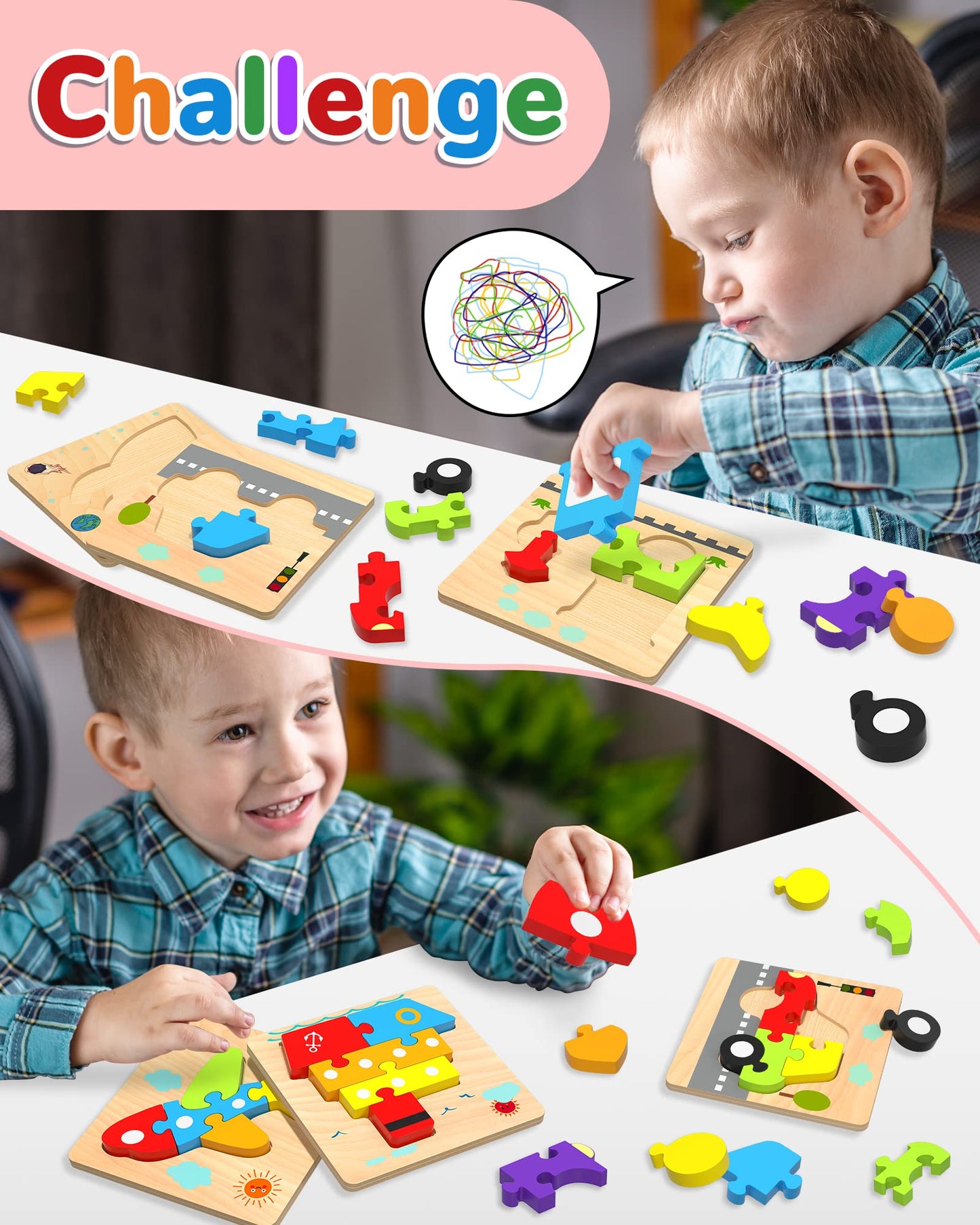 Yetonamr Wooden Toddler Puzzles – 6 Vehicle Shape Montessori Toys for Ages 1-3