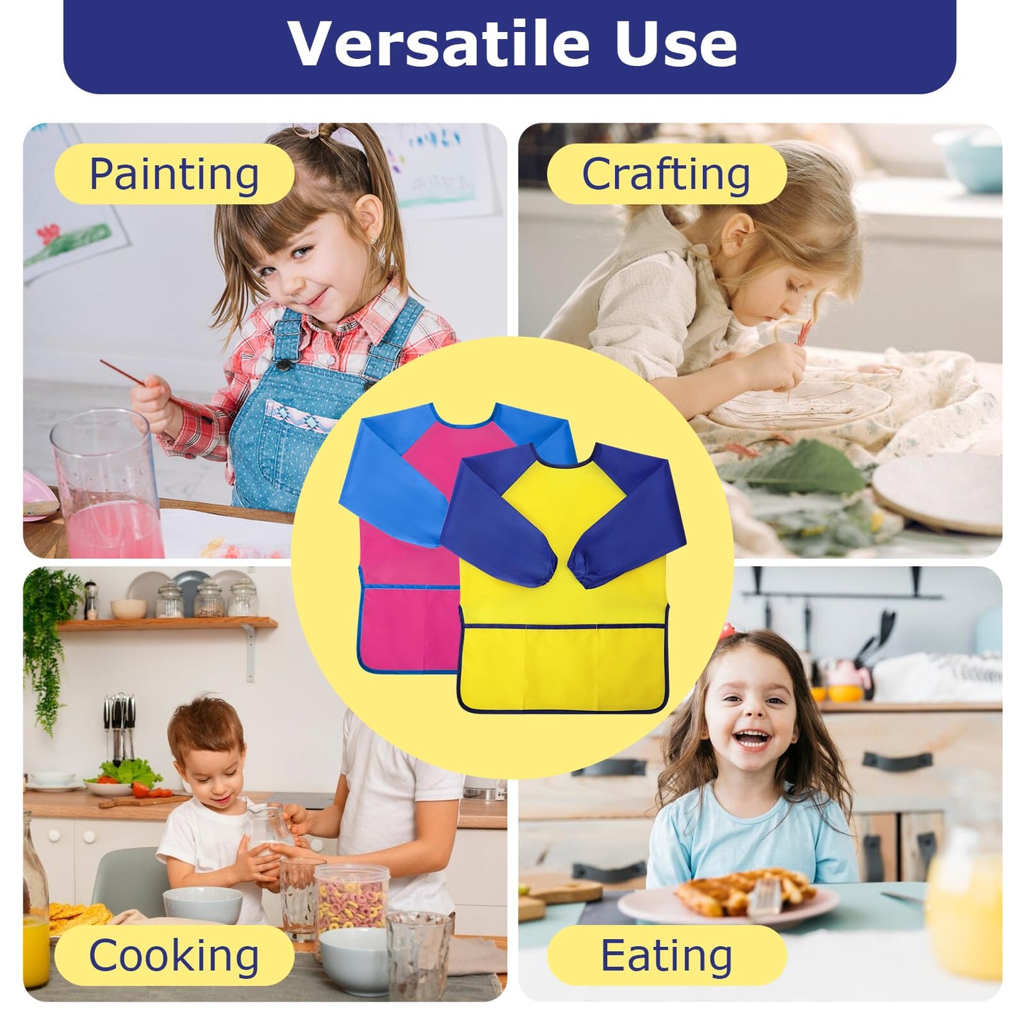Yeunmu Kids Painting Apron 2 Pack – Waterproof Toddler Art Smocks for Ages 2-8 with Long Sleeves & 3 Pockets
