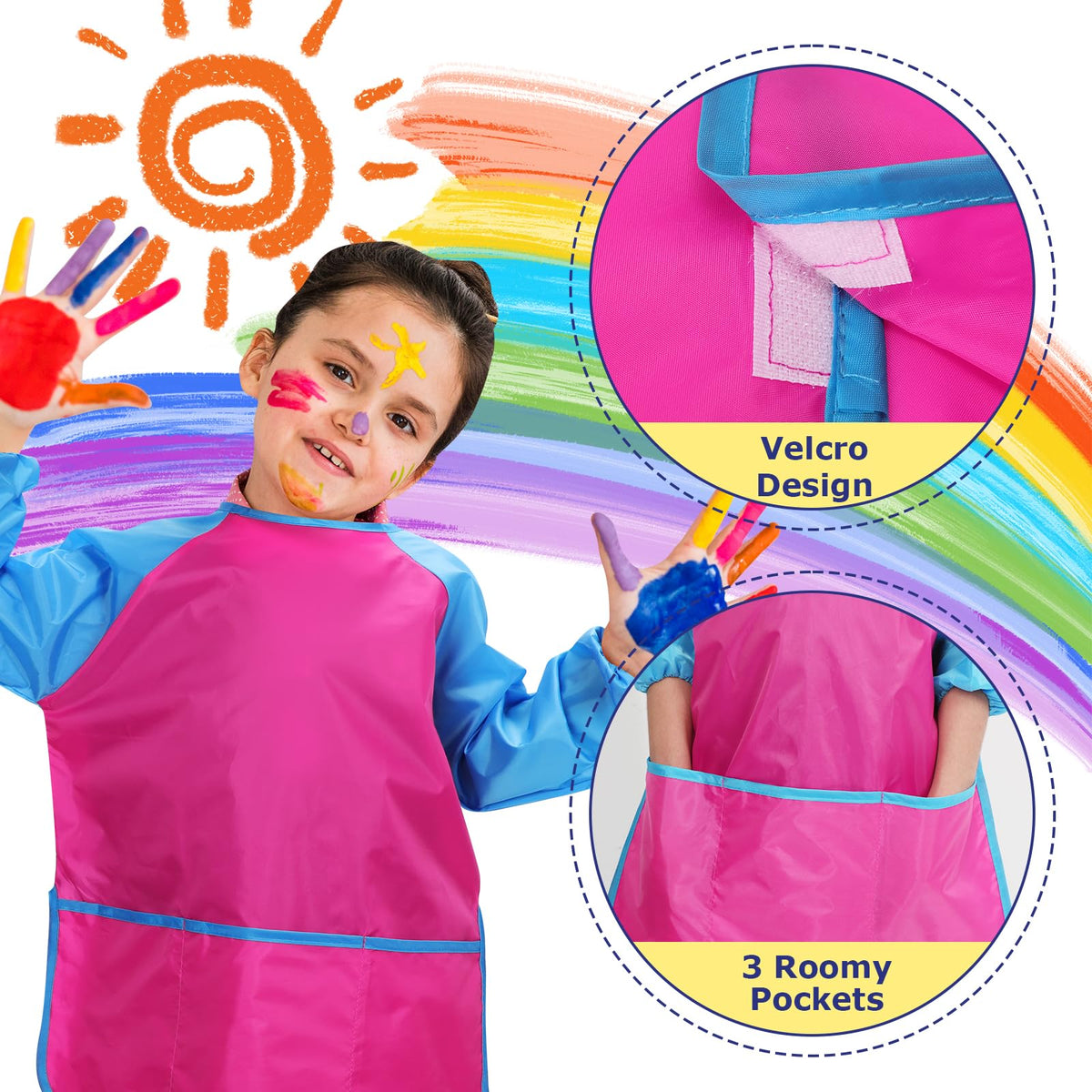 Yeunmu Kids Painting Apron 2 Pack – Waterproof Toddler Art Smocks for Ages 2-8 with Long Sleeves & 3 Pockets