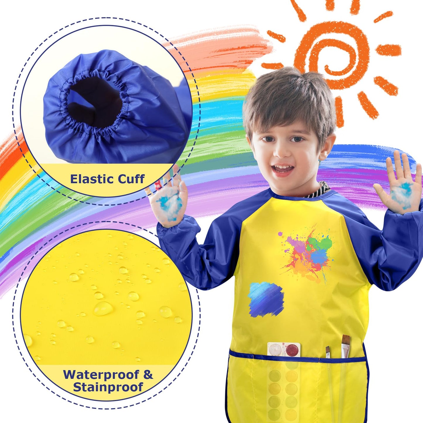 Yeunmu Kids Painting Apron 2 Pack – Waterproof Toddler Art Smocks for Ages 2-8 with Long Sleeves & 3 Pockets