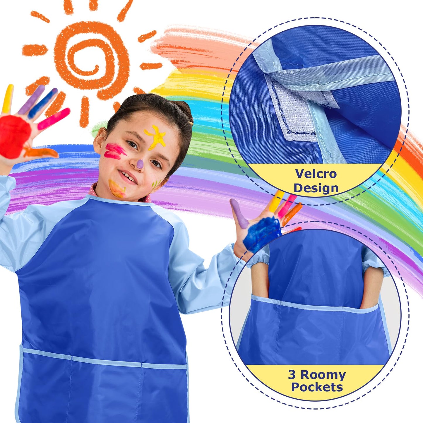 Yeunmu Kids Painting Apron 2 Pack – Waterproof Toddler Art Smocks for Ages 2-8 with Long Sleeves & 3 Pockets