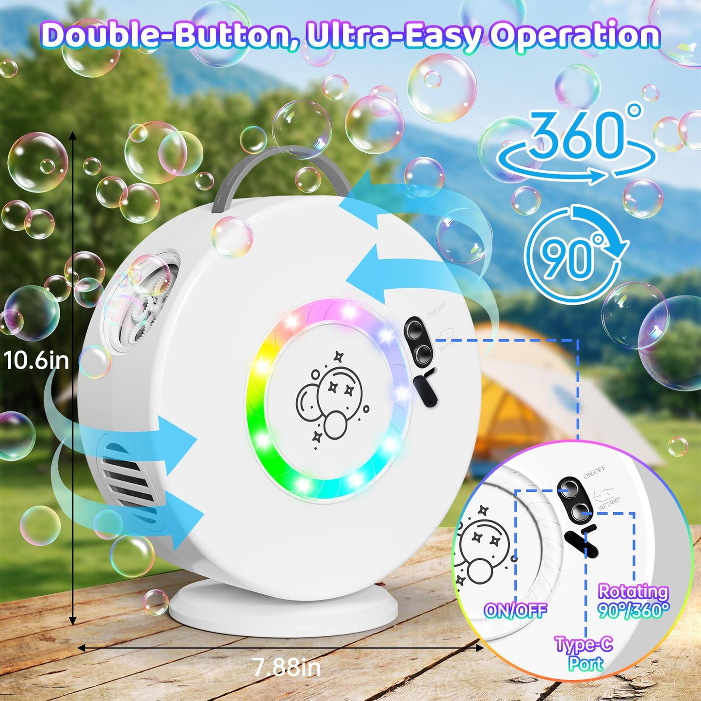 Yevohadt Bubble Machine: 90°/360° Auto Rotating, RGB Lights, Rechargeable