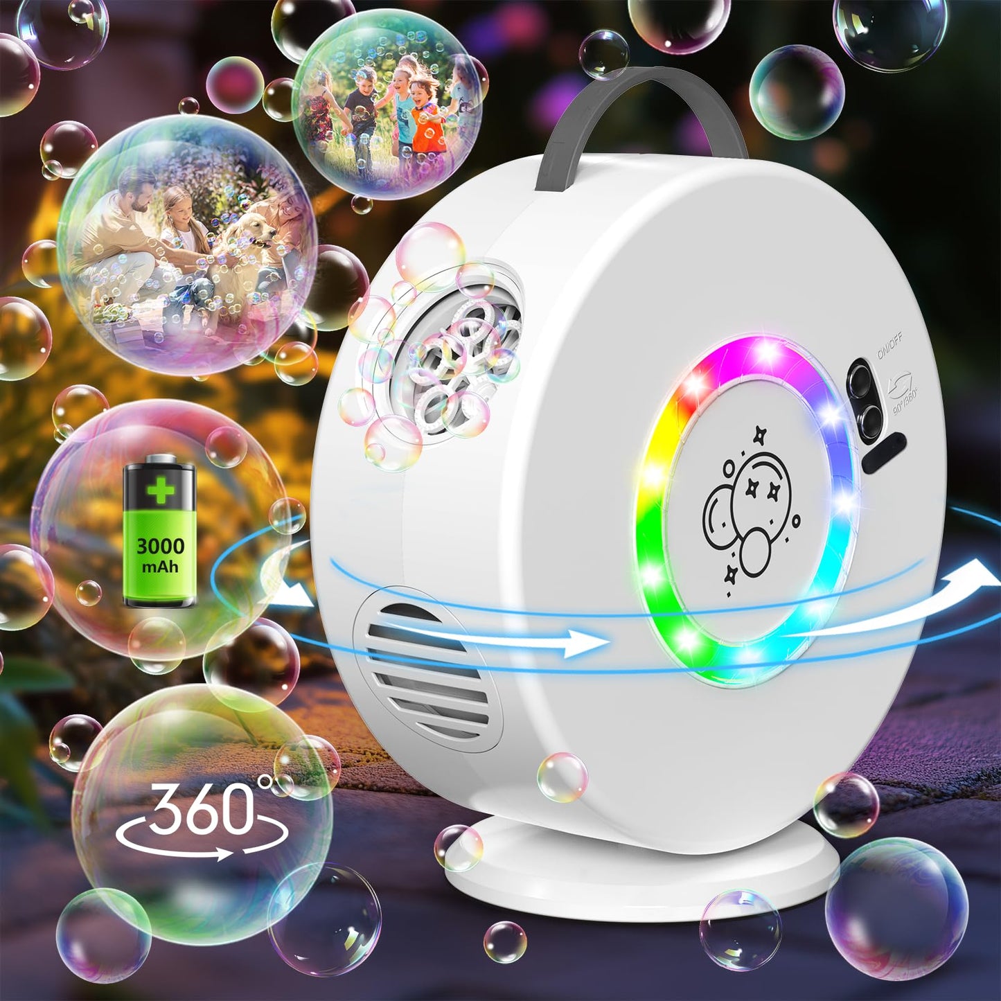 Yevohadt Bubble Machine: 90°/360° Auto Rotating, RGB Lights, Rechargeable