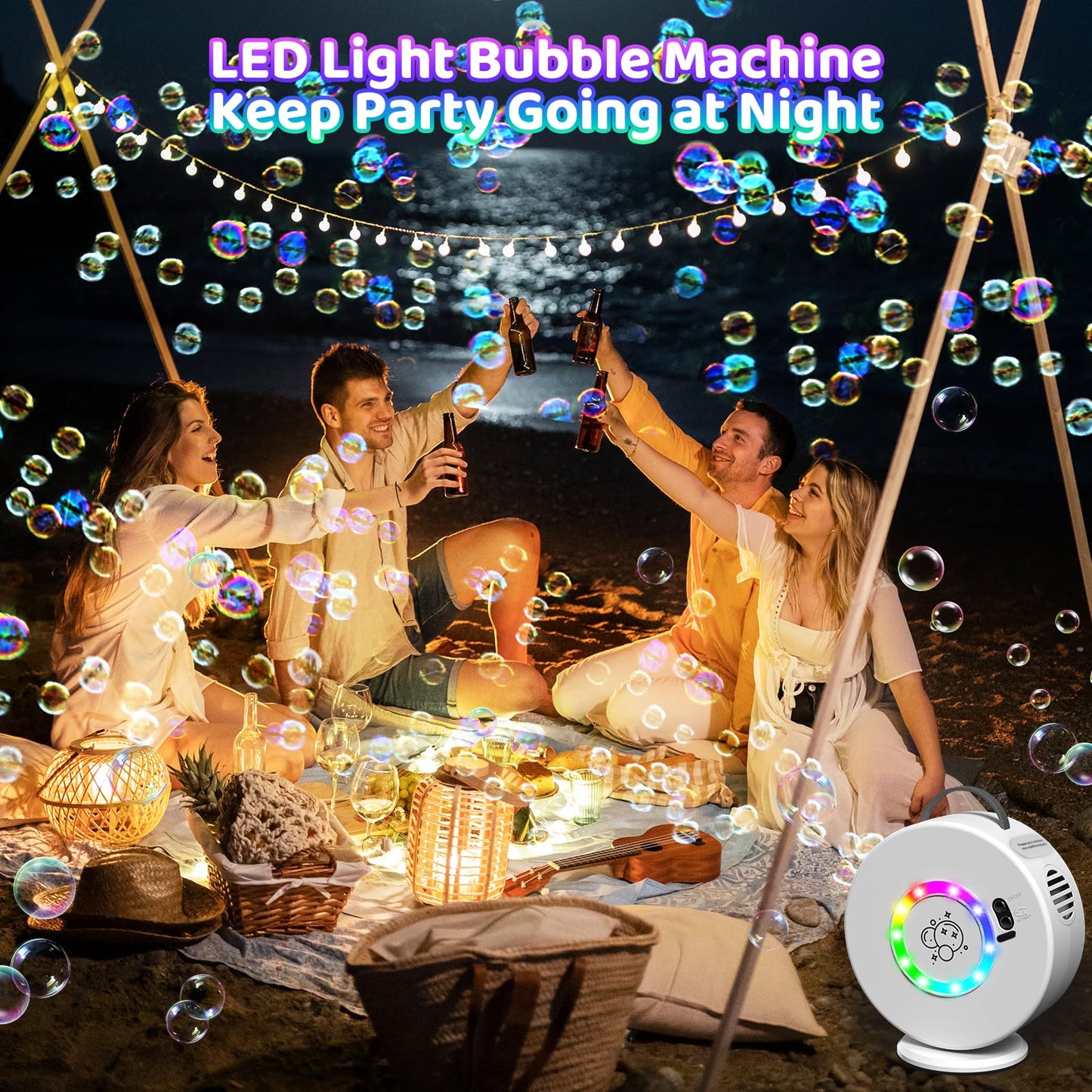 Yevohadt Bubble Machine: 90°/360° Auto Rotating, RGB Lights, Rechargeable