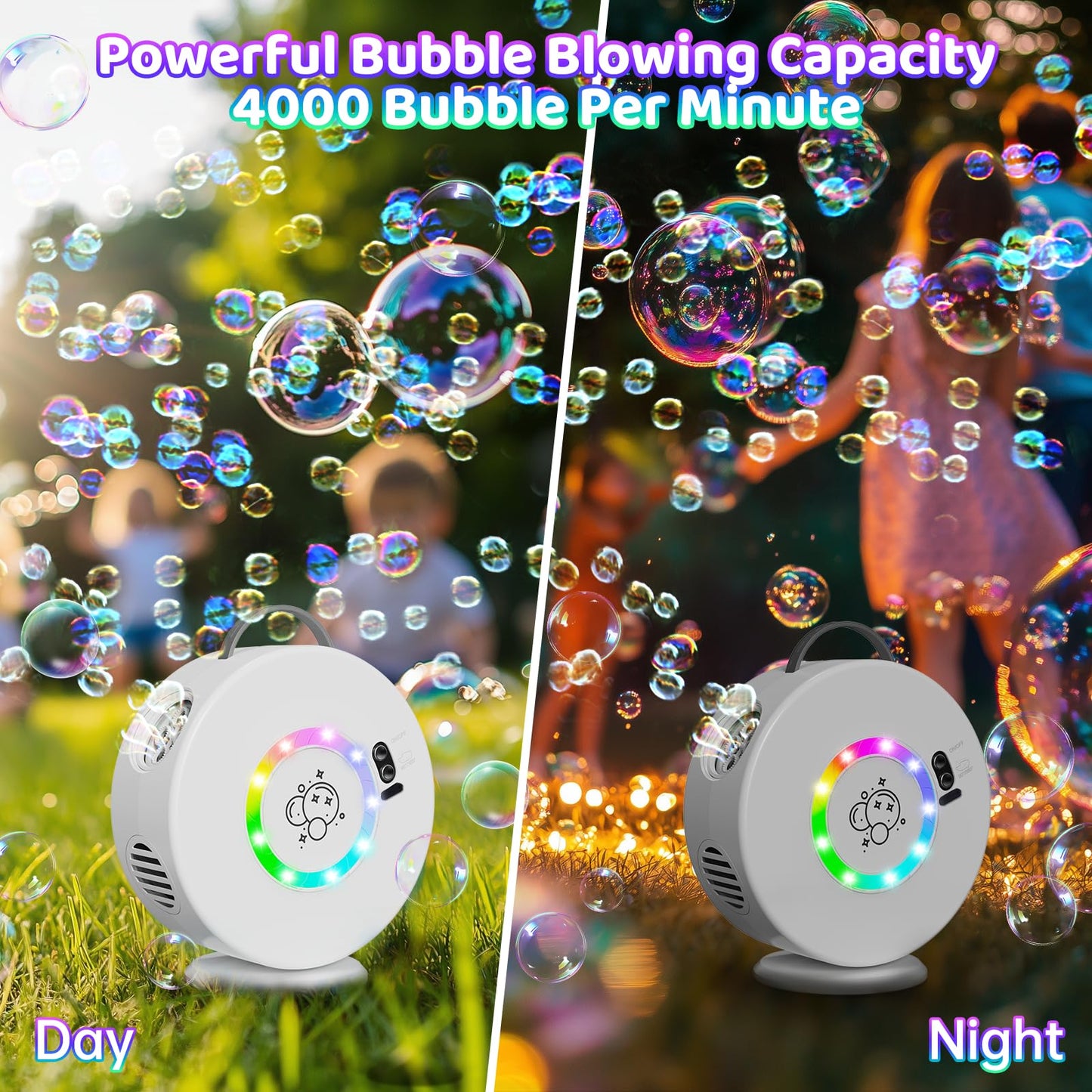 Yevohadt Bubble Machine: 90°/360° Auto Rotating, RGB Lights, Rechargeable