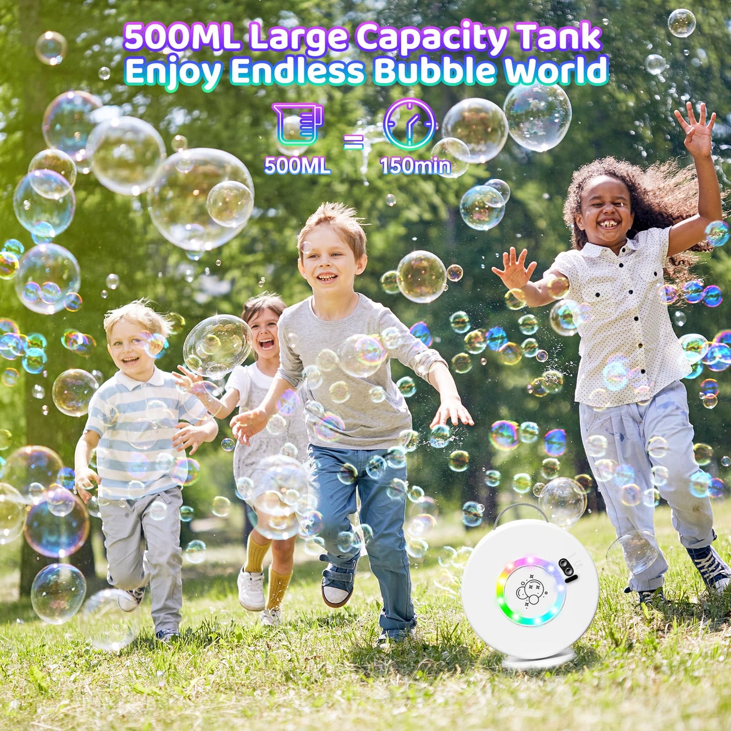 Yevohadt Bubble Machine: 90°/360° Auto Rotating, RGB Lights, Rechargeable