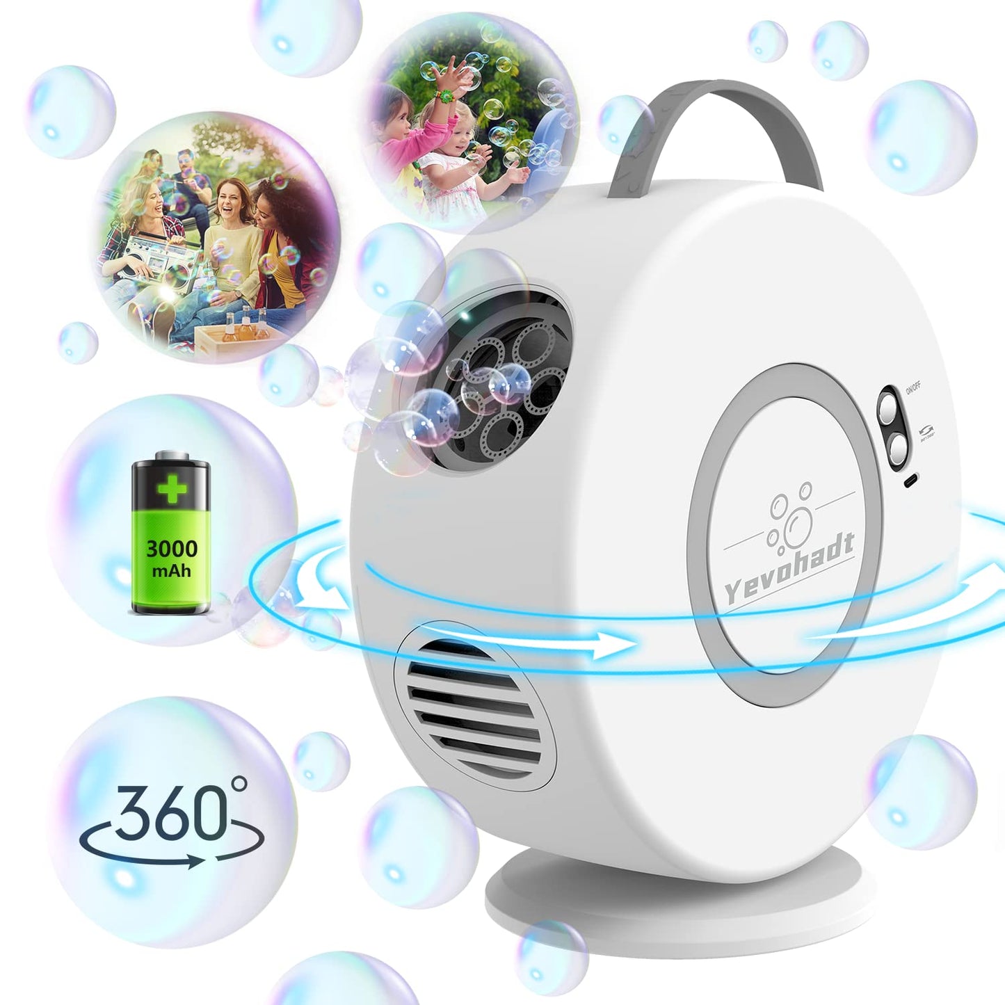 Yevohadt Bubble Machine for Kids – 90°/360° Auto Rotatable, Rechargeable