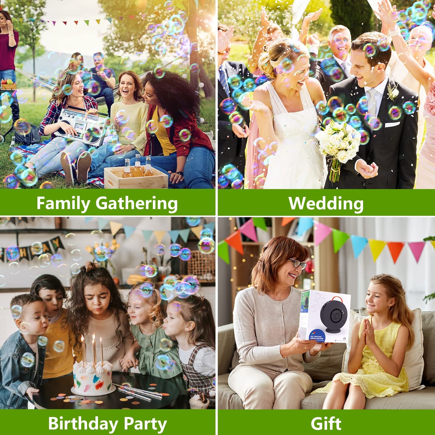 Yevohadt Bubble Machine for Kids – Auto Rotating 90°/360°, Rechargeable Bubble Blower for Outdoor Parties