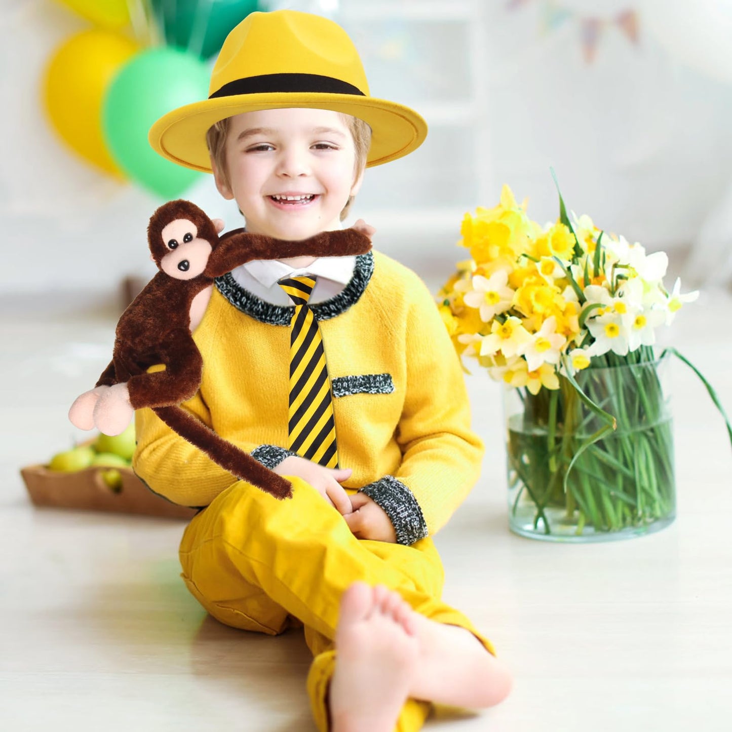 Yewong 3-Piece Kids Yellow Hat Costume Set | Fedora Hat, Hanging Monkey & Necktie (Set A)