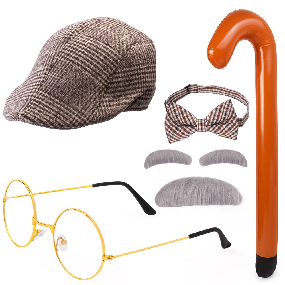 Yewong Kids Old Man Costume Set – Beret Hat, Glasses & Inflatable Cane