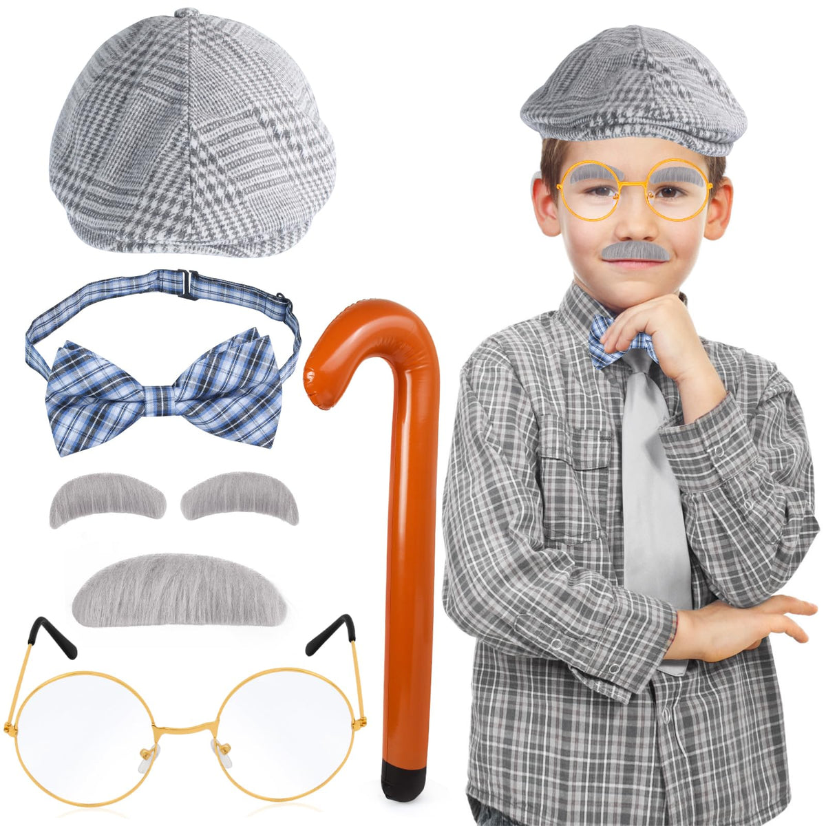 Yewong Kids Old Man Costume Set – Beret Hat, Glasses, Inflatable Cane, Bow Tie & Mustache Eyebrows