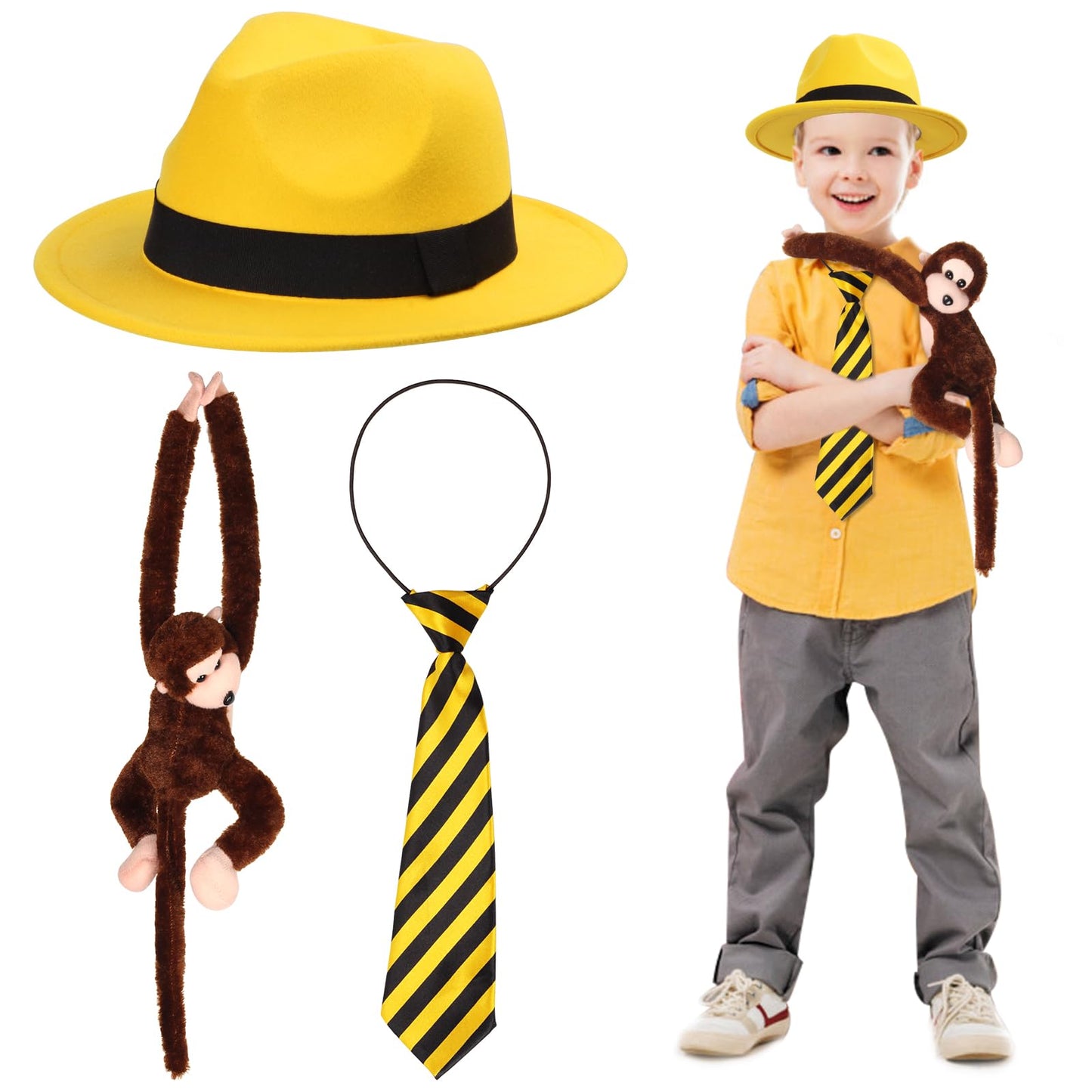Yewong 3-Piece Kids Yellow Hat Costume Set | Fedora Hat, Hanging Monkey & Necktie (Set A)