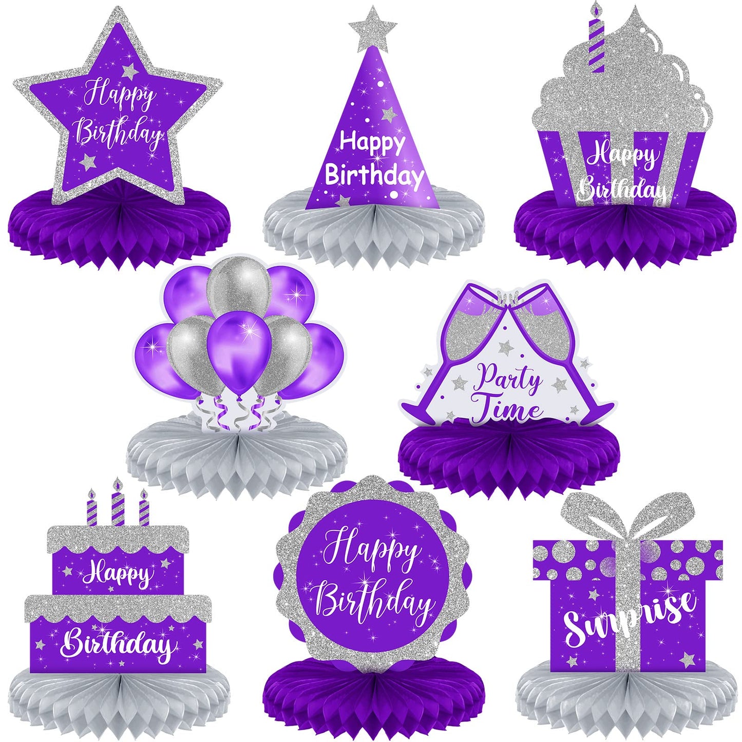 Yexiya 8-Piece Purple & Silver Birthday Centerpiece Set | Honeycomb Table Toppers