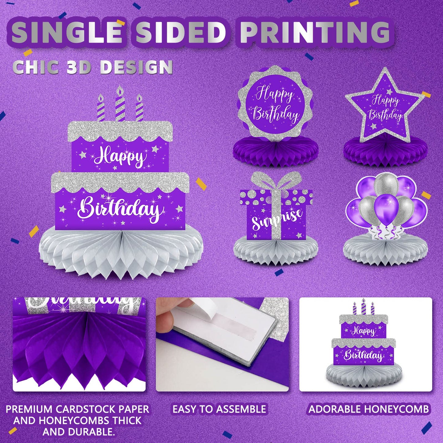 Yexiya 8-Piece Purple & Silver Birthday Centerpiece Set | Honeycomb Table Toppers