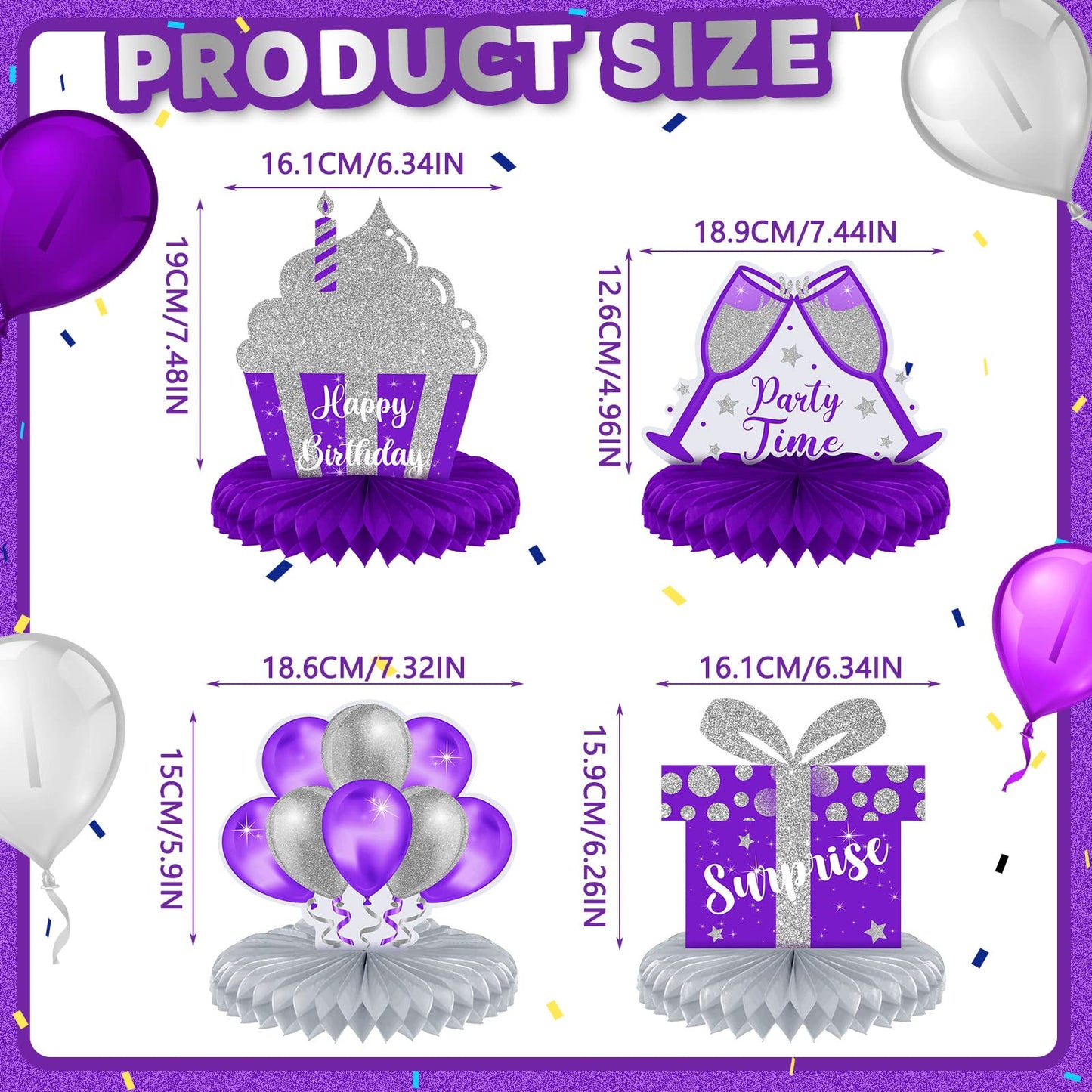 Yexiya 8-Piece Purple & Silver Birthday Centerpiece Set | Honeycomb Table Toppers
