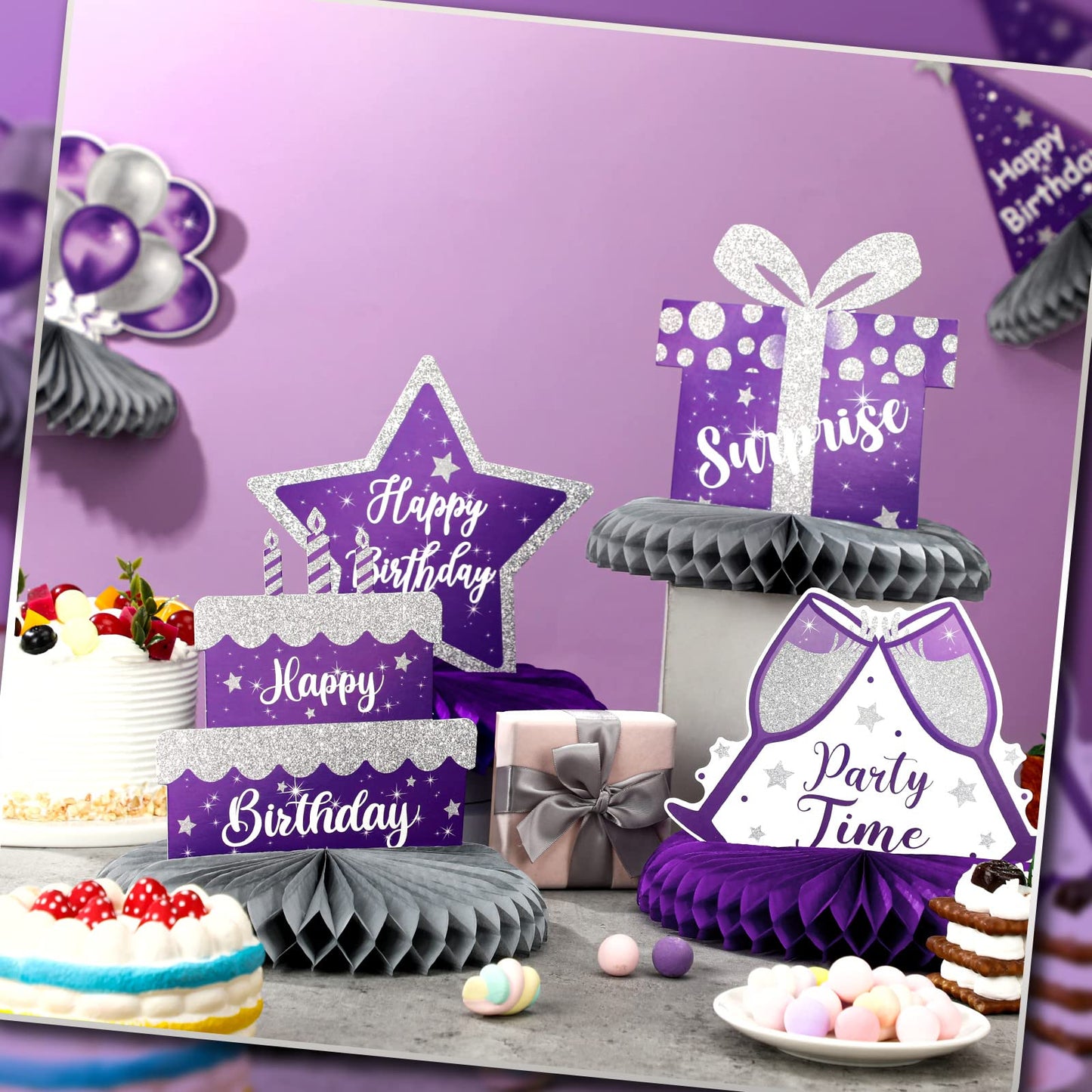 Yexiya 8-Piece Purple & Silver Birthday Centerpiece Set | Honeycomb Table Toppers