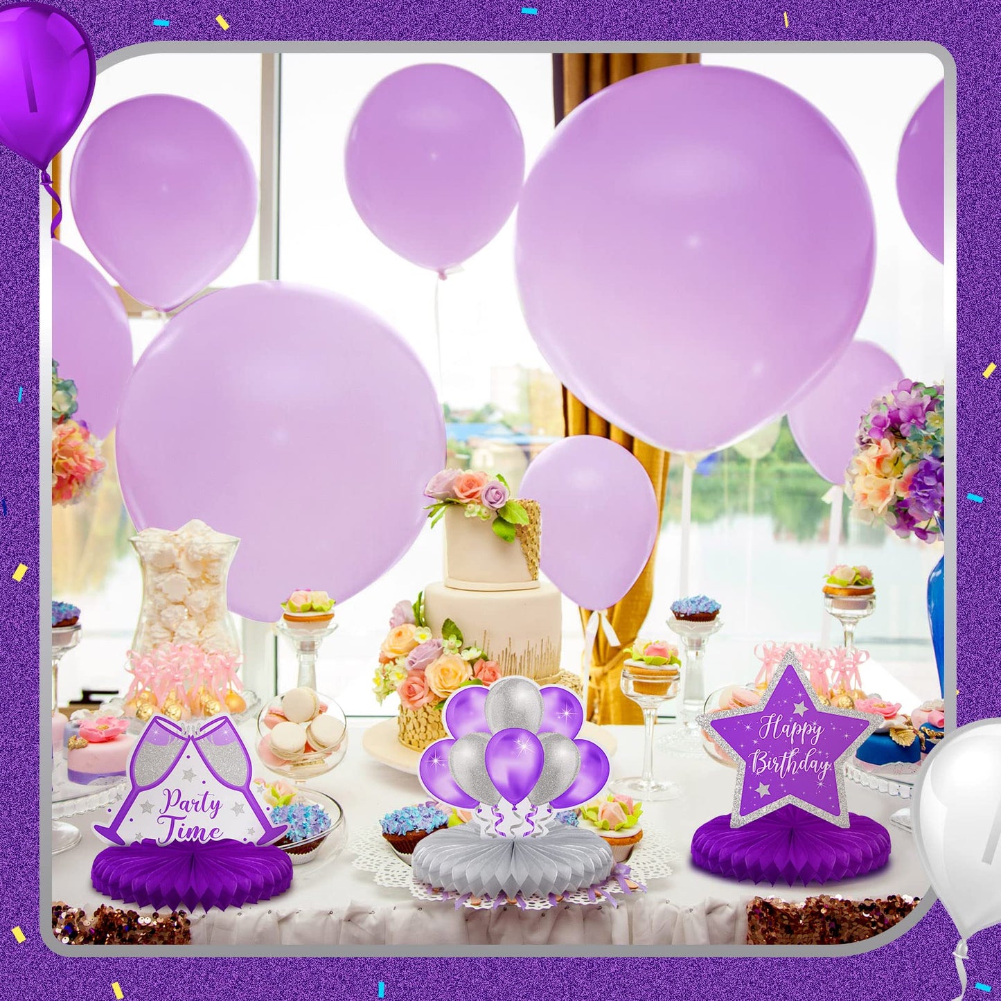 Yexiya 8-Piece Purple & Silver Birthday Centerpiece Set | Honeycomb Table Toppers