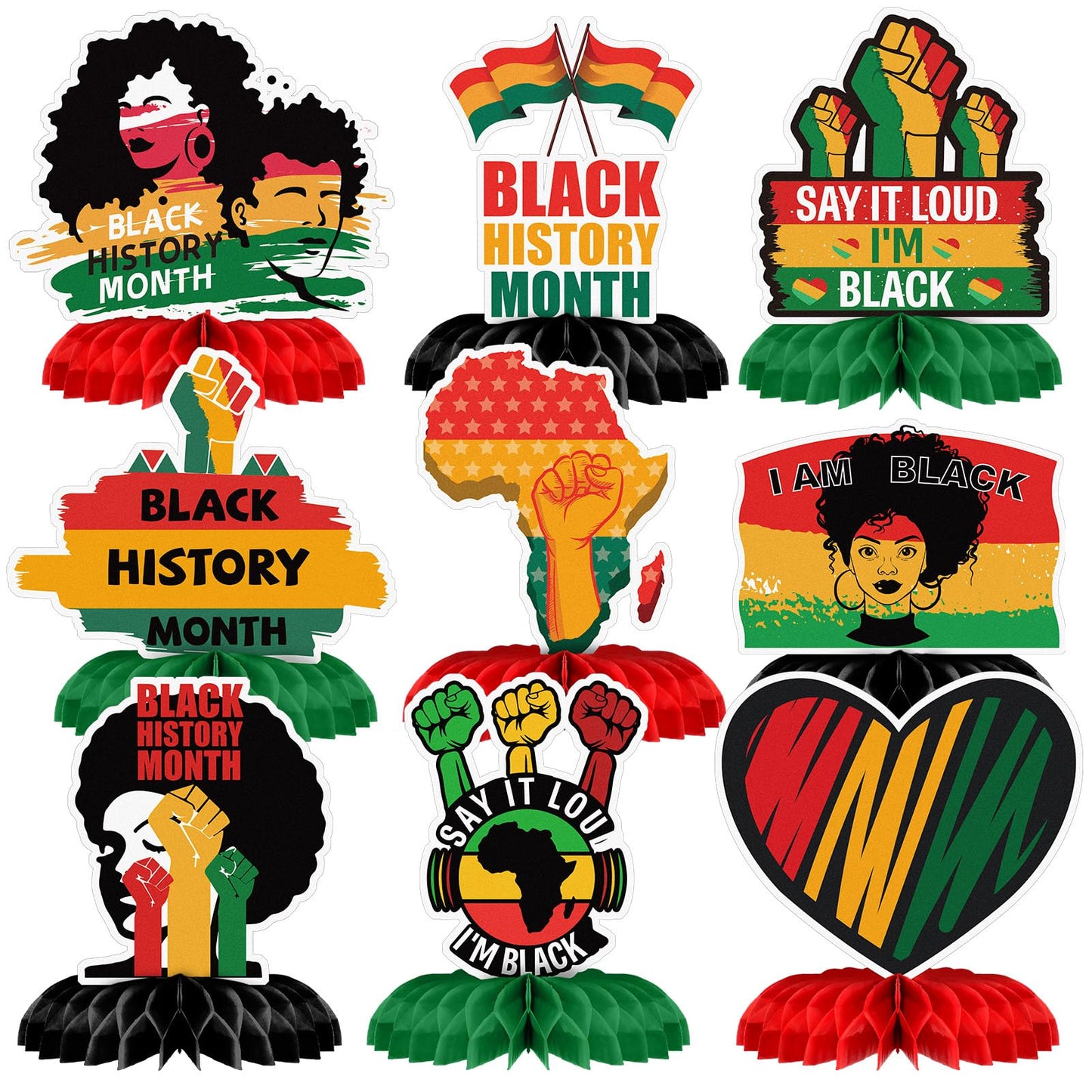 Yexiya 9 Pcs Black History Month Honeycomb Centerpieces - 3D Double-Sided Table Decor