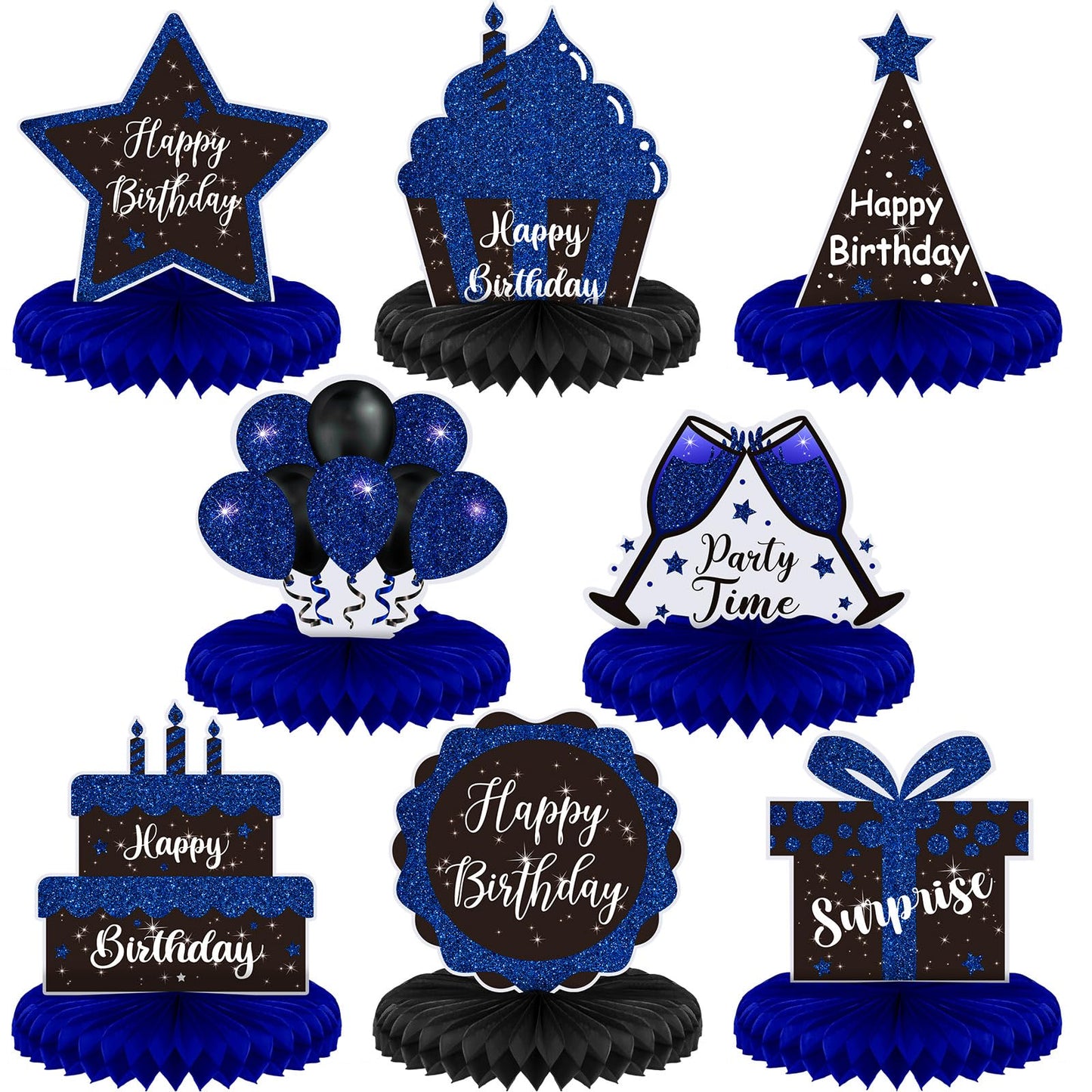 Yexiya 8 Pcs Blue & Black Birthday Centerpieces | Honeycomb Table Toppers
