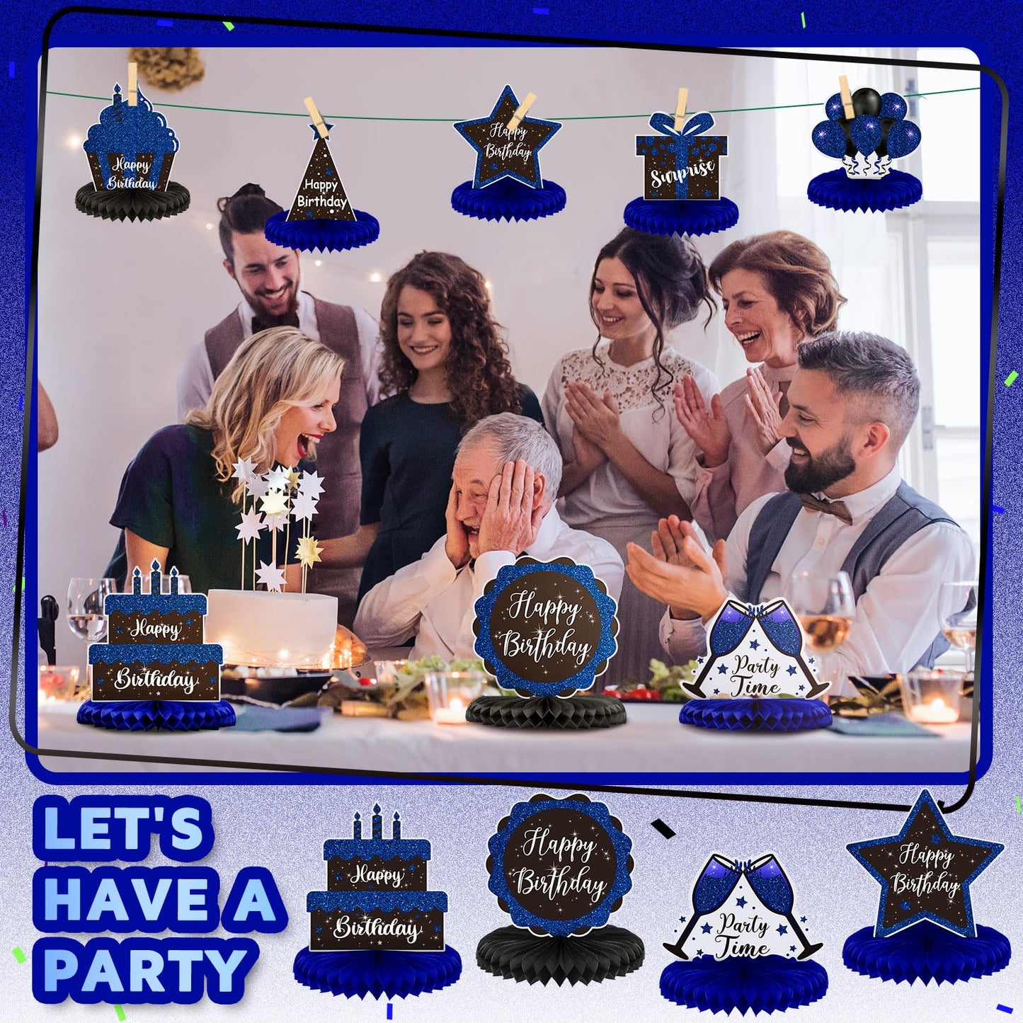 Yexiya 8 Pcs Blue & Black Birthday Centerpieces | Honeycomb Table Toppers