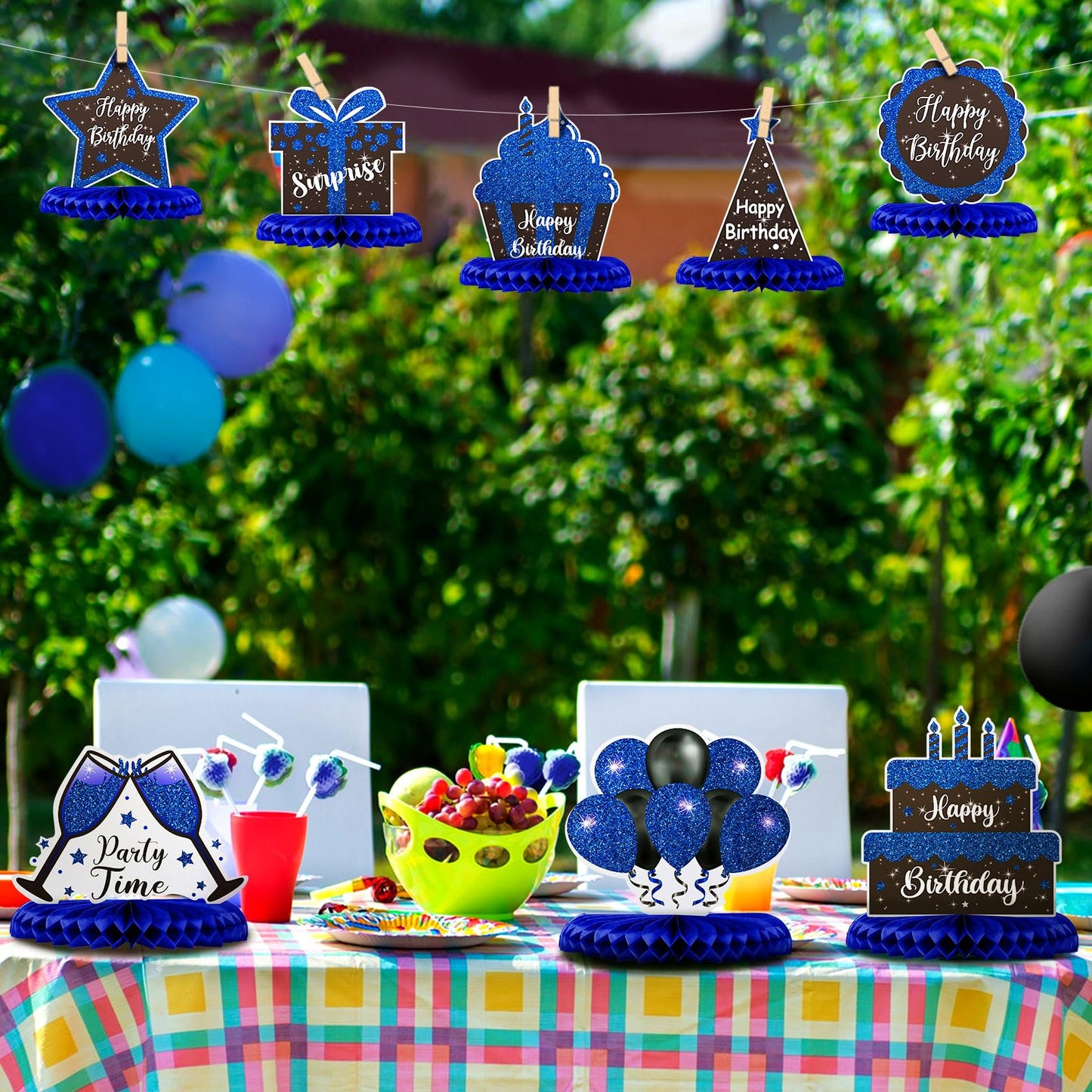 Yexiya 8 Pcs Blue & Black Birthday Centerpieces | Honeycomb Table Toppers