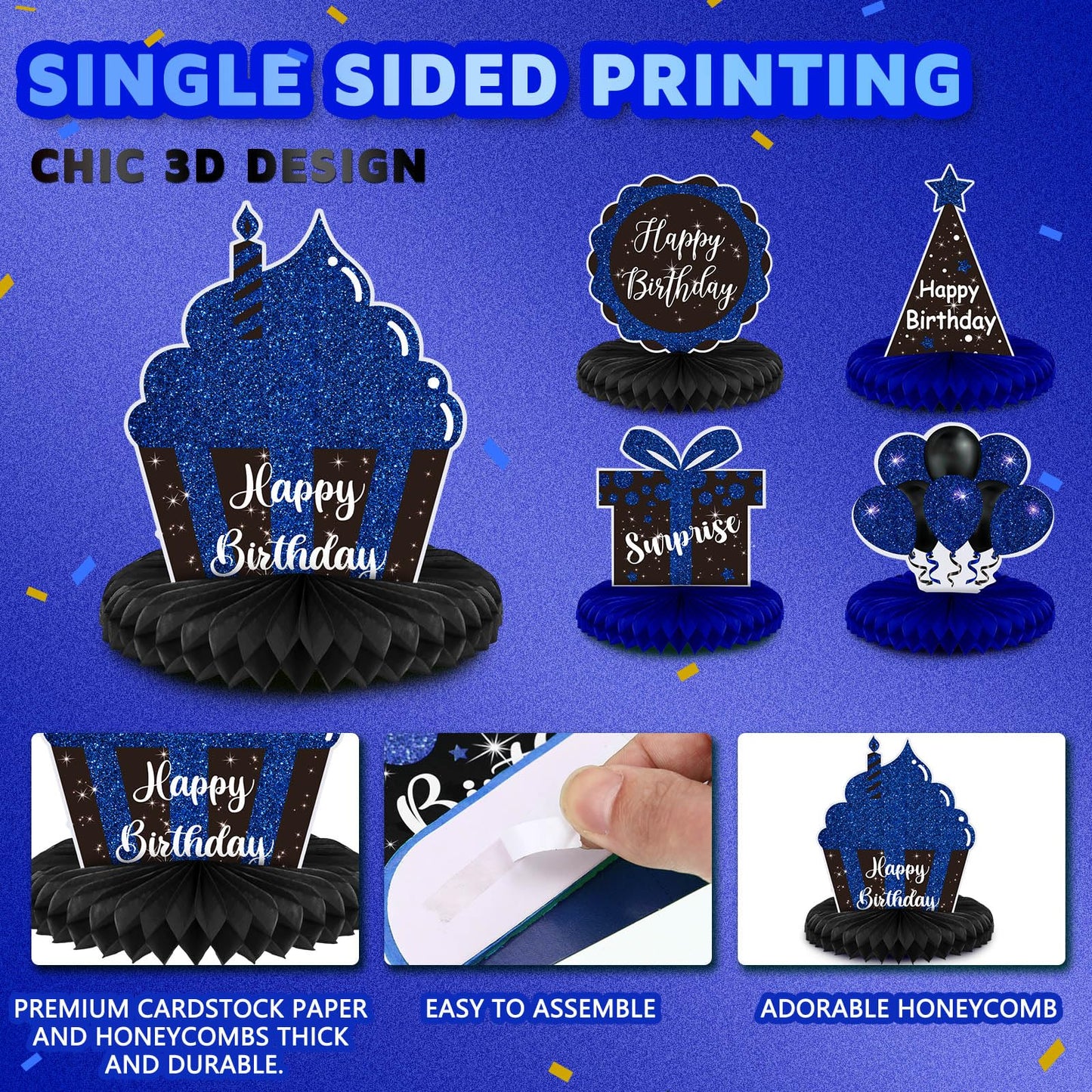 Yexiya 8 Pcs Blue & Black Birthday Centerpieces | Honeycomb Table Toppers