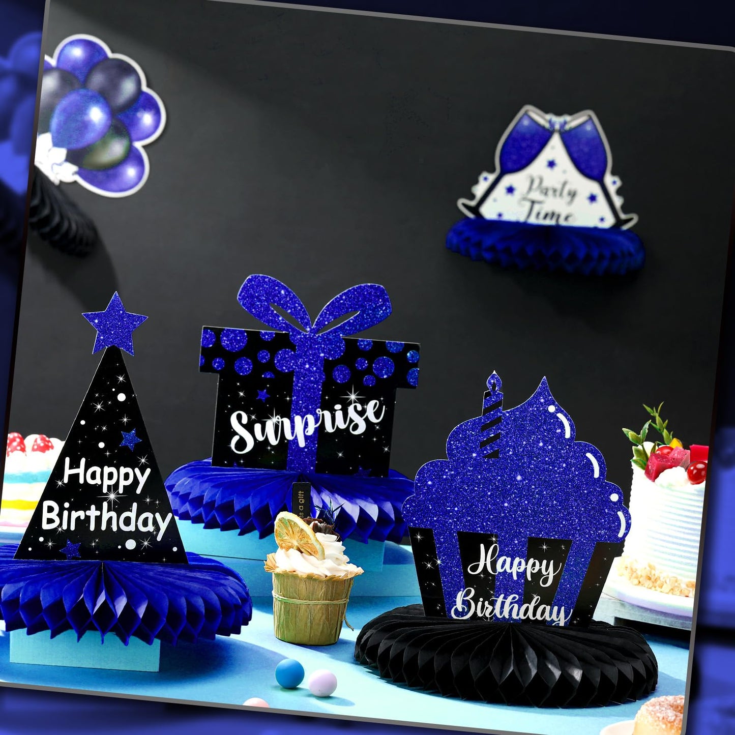Yexiya 8 Pcs Blue & Black Birthday Centerpieces | Honeycomb Table Toppers