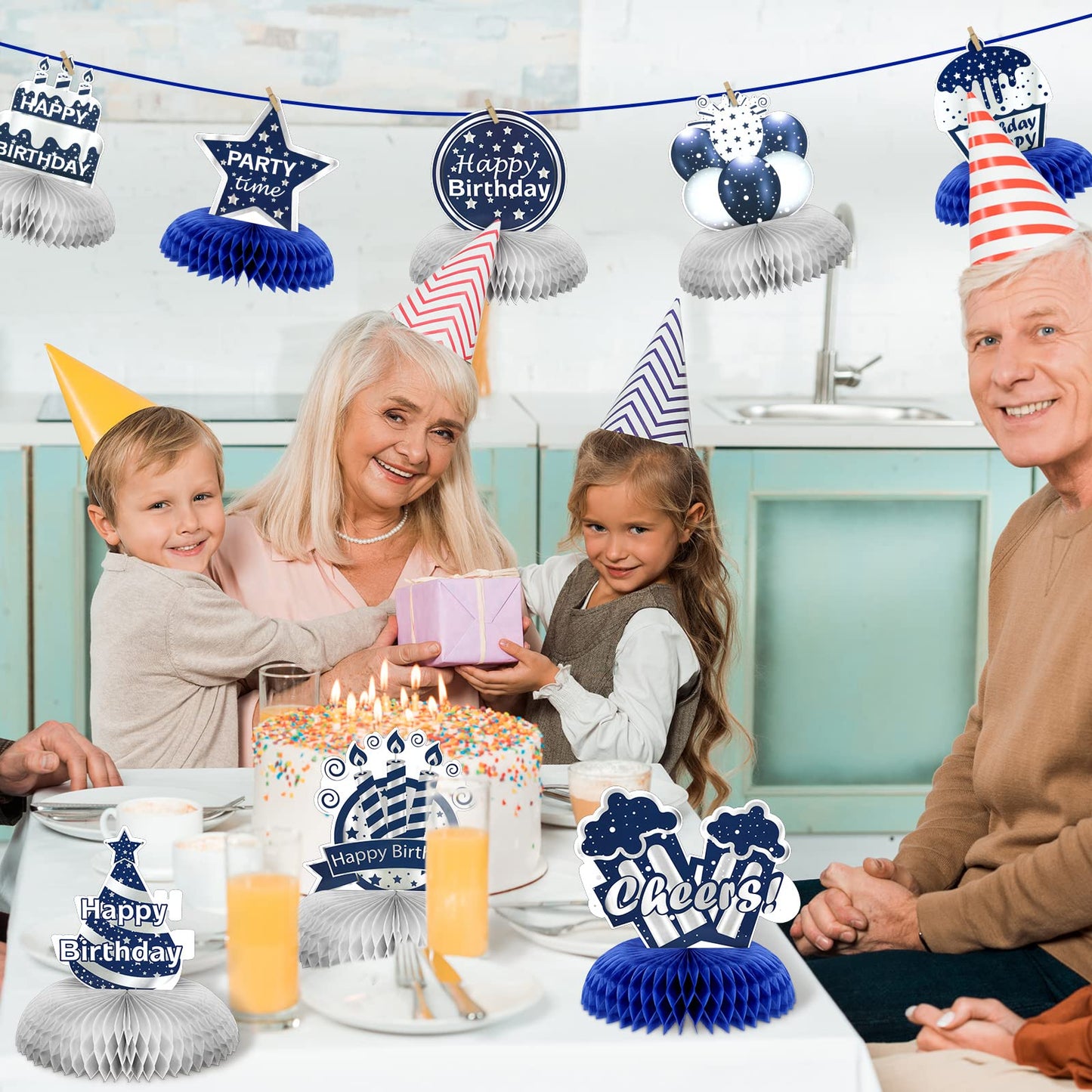 Yexiya 9 Pieces Happy Birthday Centerpieces – Blue & Silver Honeycomb Table Decor