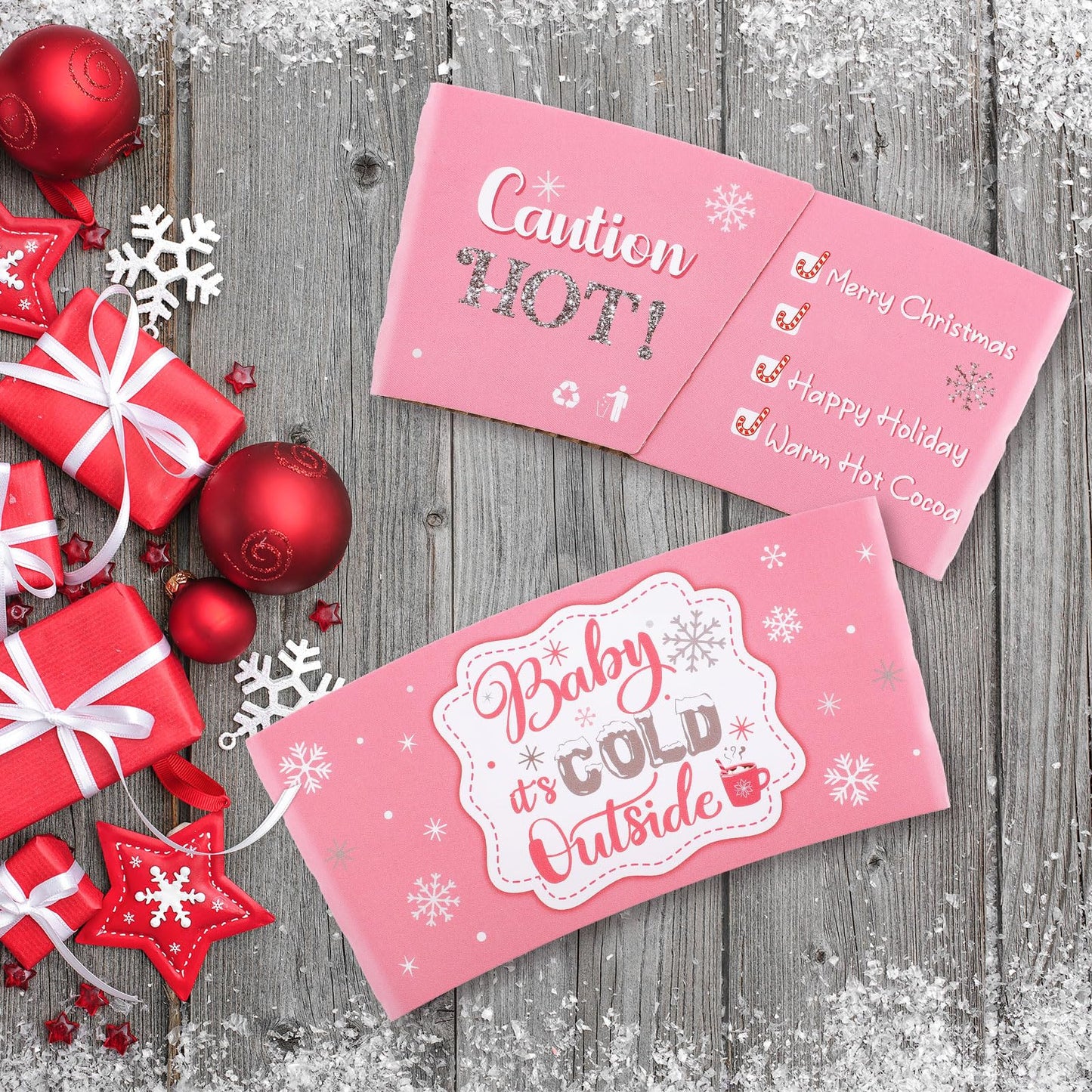 Yexiya 60 Pieces Christmas Cup Sleeves – Baby It's Cold Outside (Pink & Silver) for 12oz/16oz Cups