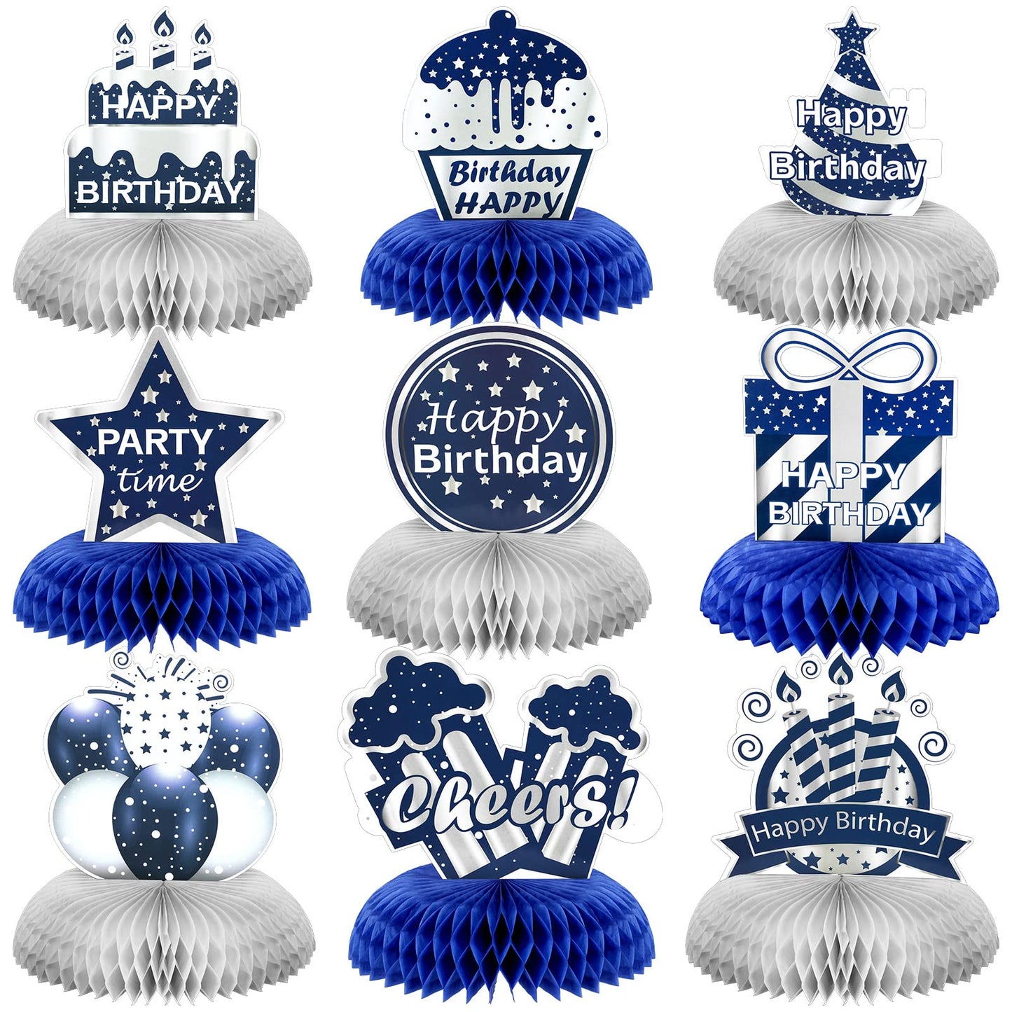 Yexiya 9 Pieces Happy Birthday Centerpieces – Blue & Silver Honeycomb Table Decor