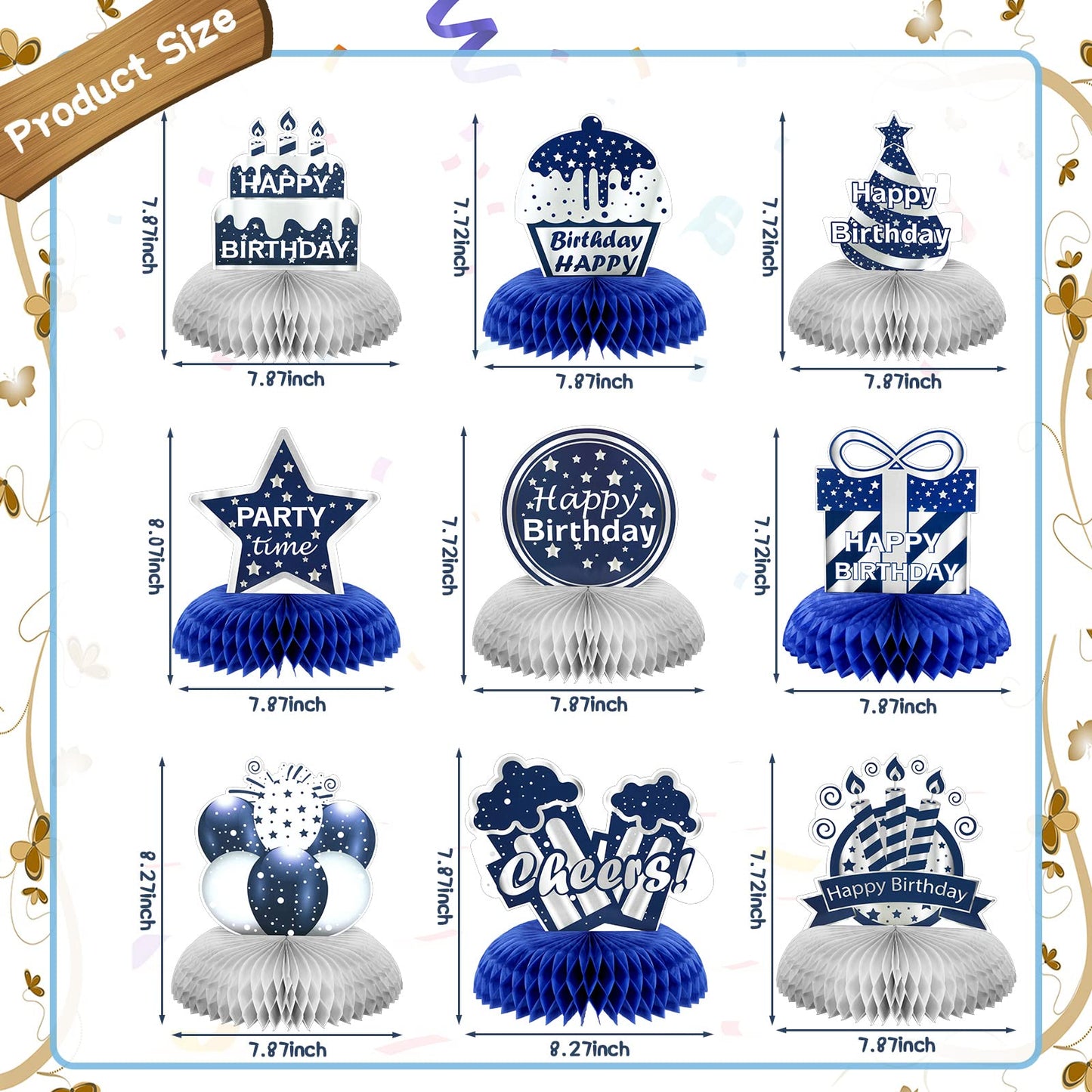 Yexiya 9 Pieces Happy Birthday Centerpieces – Blue & Silver Honeycomb Table Decor