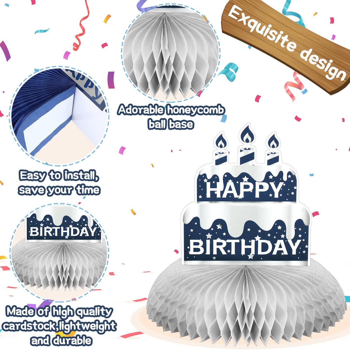 Yexiya 9 Pieces Happy Birthday Centerpieces – Blue & Silver Honeycomb Table Decor