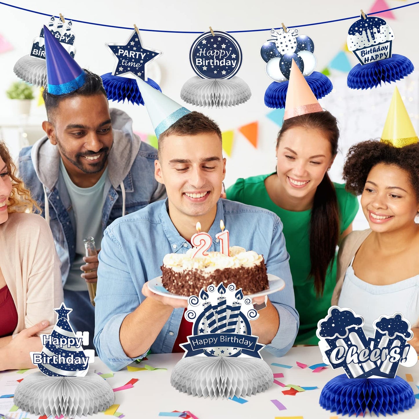 Yexiya 9 Pieces Happy Birthday Centerpieces – Blue & Silver Honeycomb Table Decor