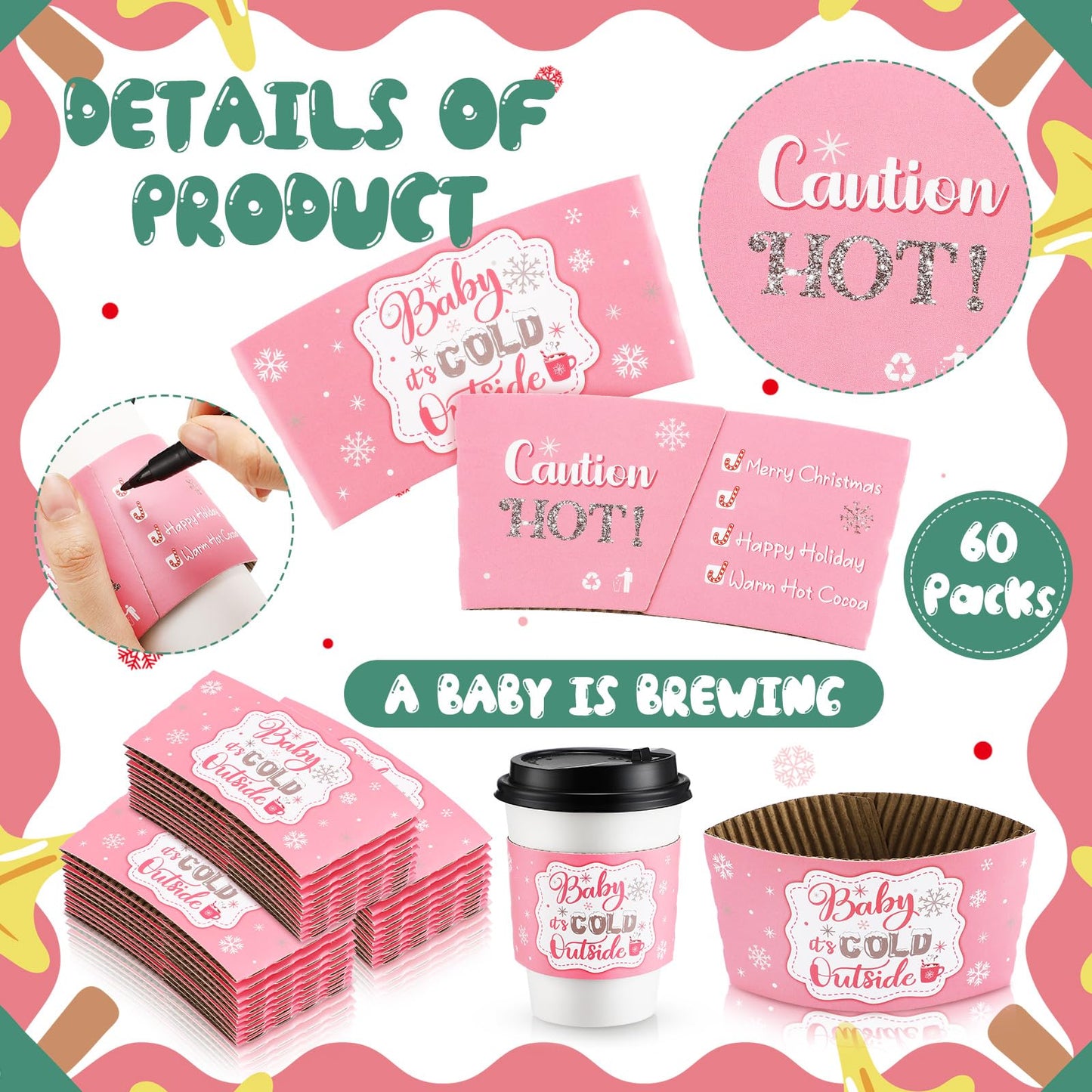 Yexiya 60 Pieces Christmas Cup Sleeves – Baby It's Cold Outside (Pink & Silver) for 12oz/16oz Cups