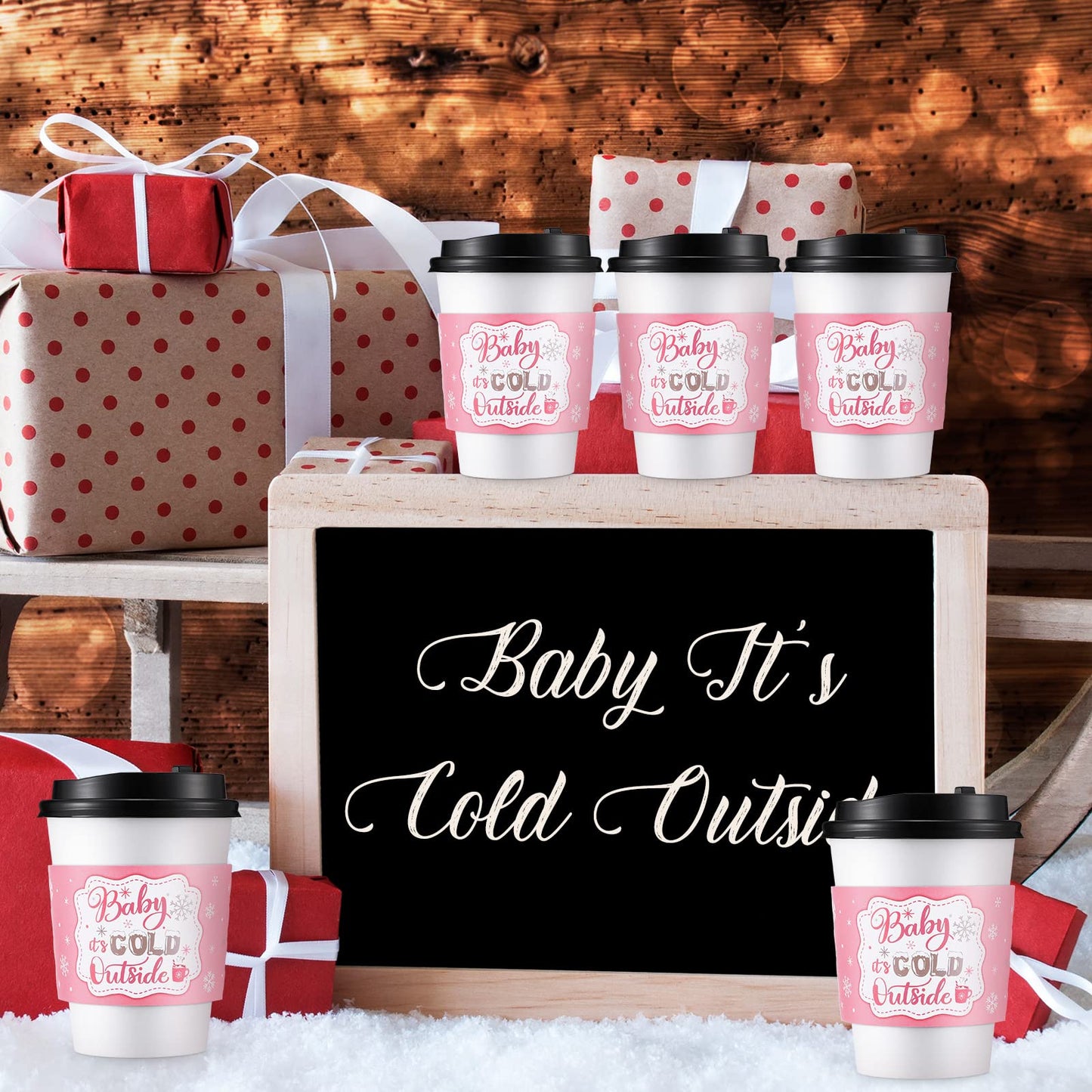 Yexiya 60 Pieces Christmas Cup Sleeves – Baby It's Cold Outside (Pink & Silver) for 12oz/16oz Cups