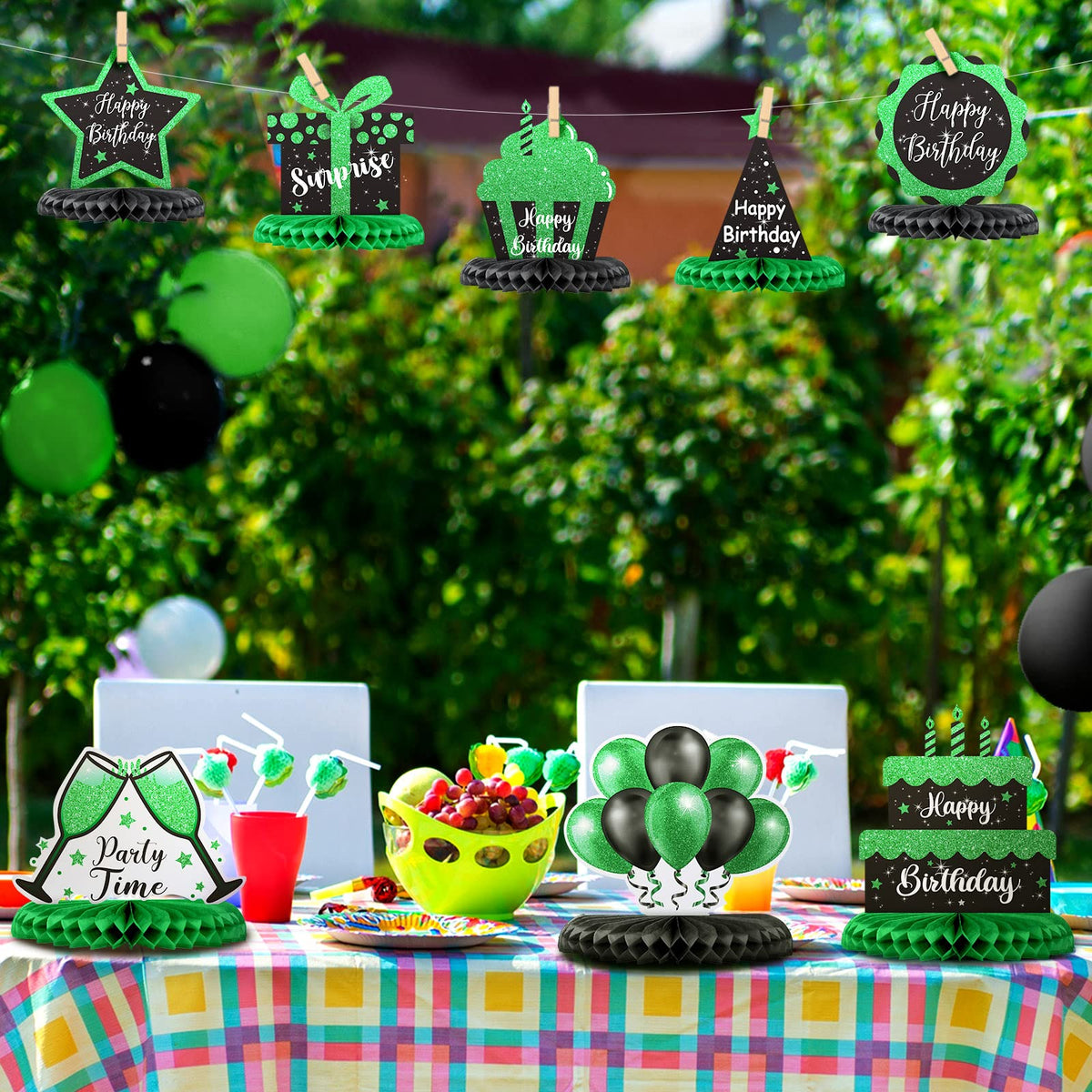 Yexiya 8 Pcs Black & Green Birthday Centerpieces – Honeycomb Table Decor