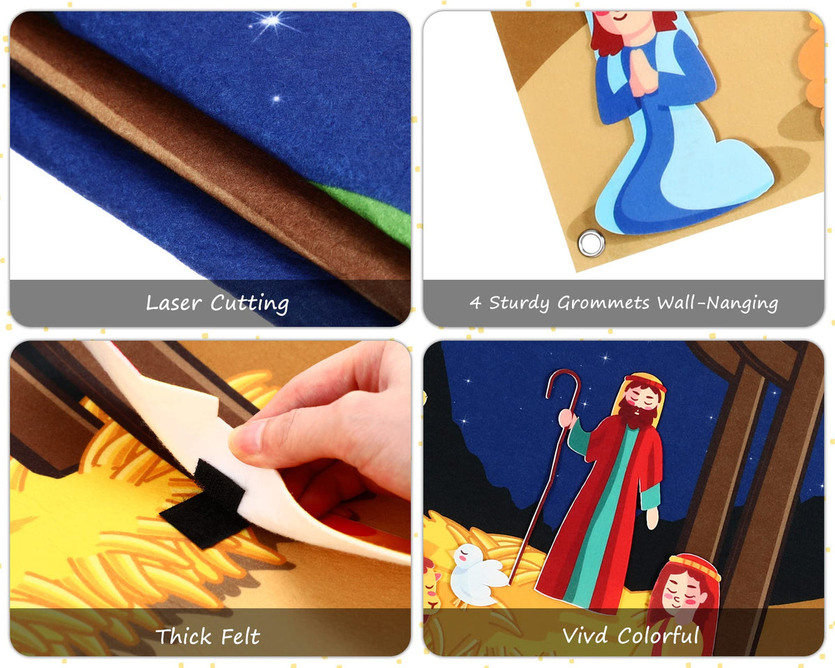 Yexiya Christmas Nativity Felt Story Board Set for Kids – 3.4 ft Wall Decor