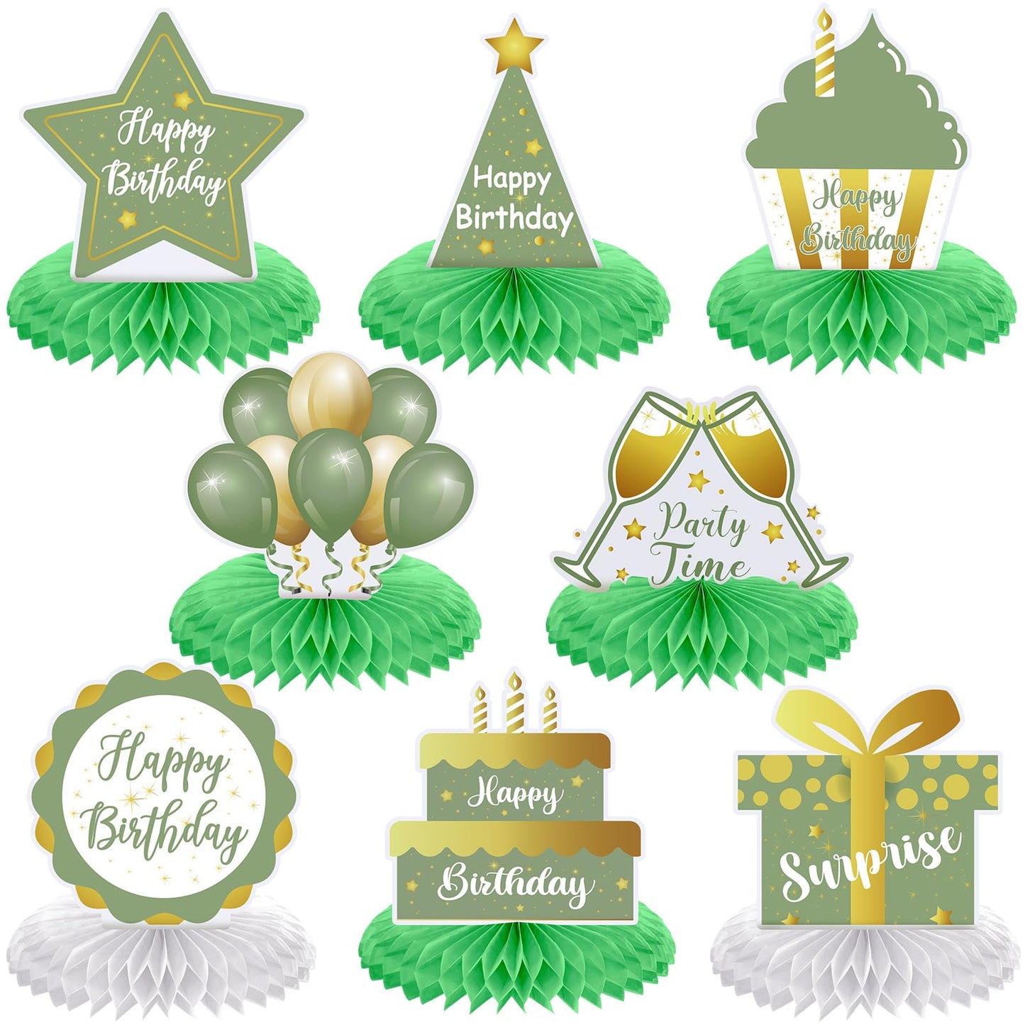 Yexiya 8 Pcs Sage Green Birthday Centerpieces – Happy Birthday Honeycomb Table Toppers