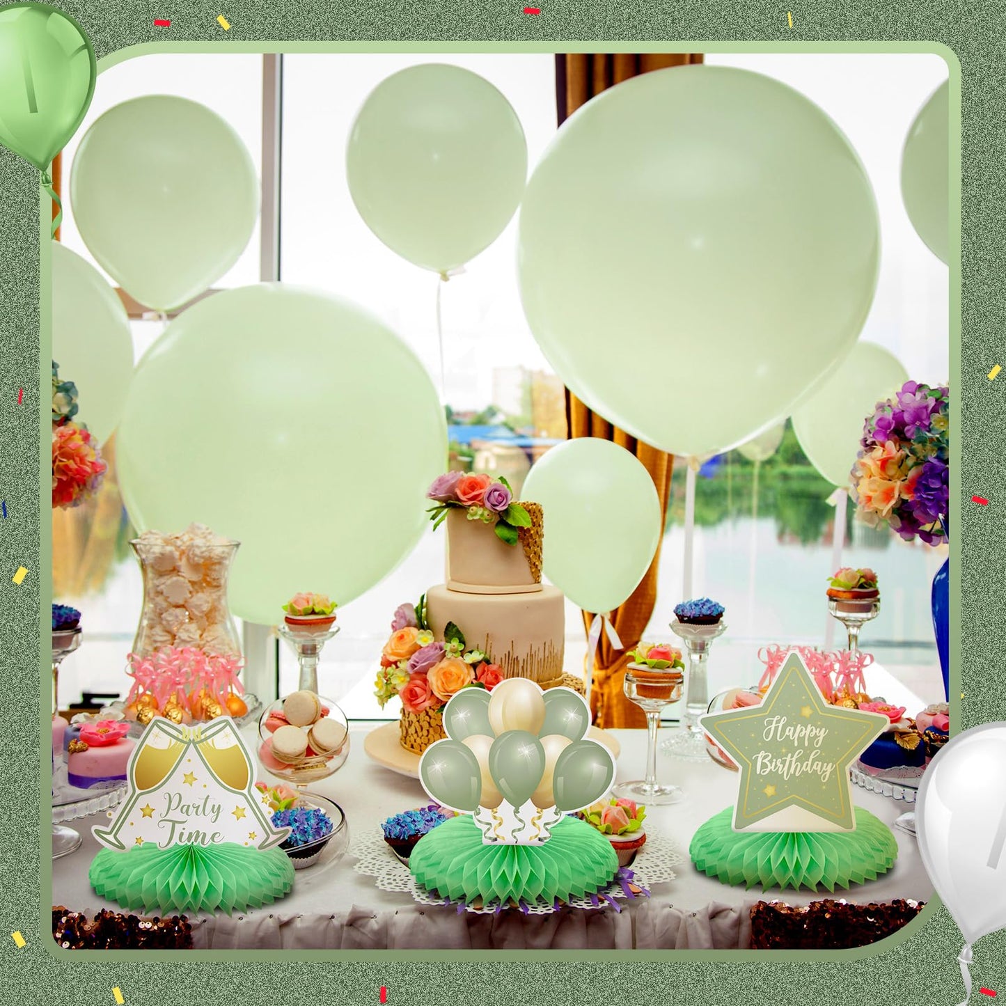 Yexiya 8 Pcs Sage Green Birthday Centerpieces – Happy Birthday Honeycomb Table Toppers